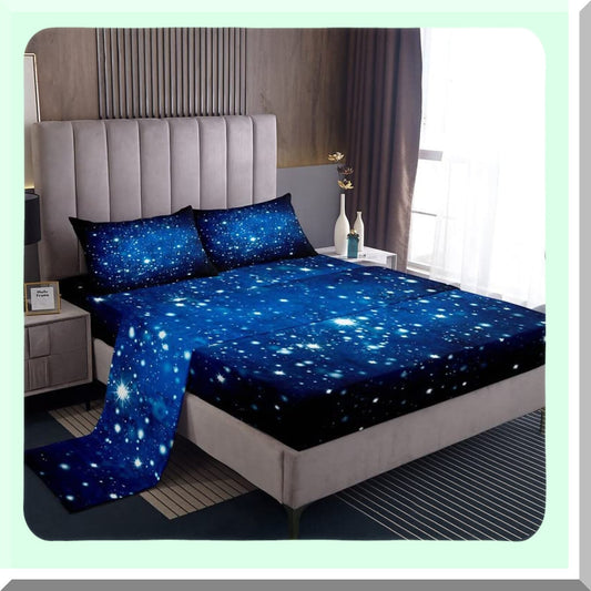 Galactic Dreams 3D Printed Sheet Set - Sky Blue Glitter Universe Bedding with Deep Pocket Fitted Sheet - Outer Space Queen Size 4Pcs Set
