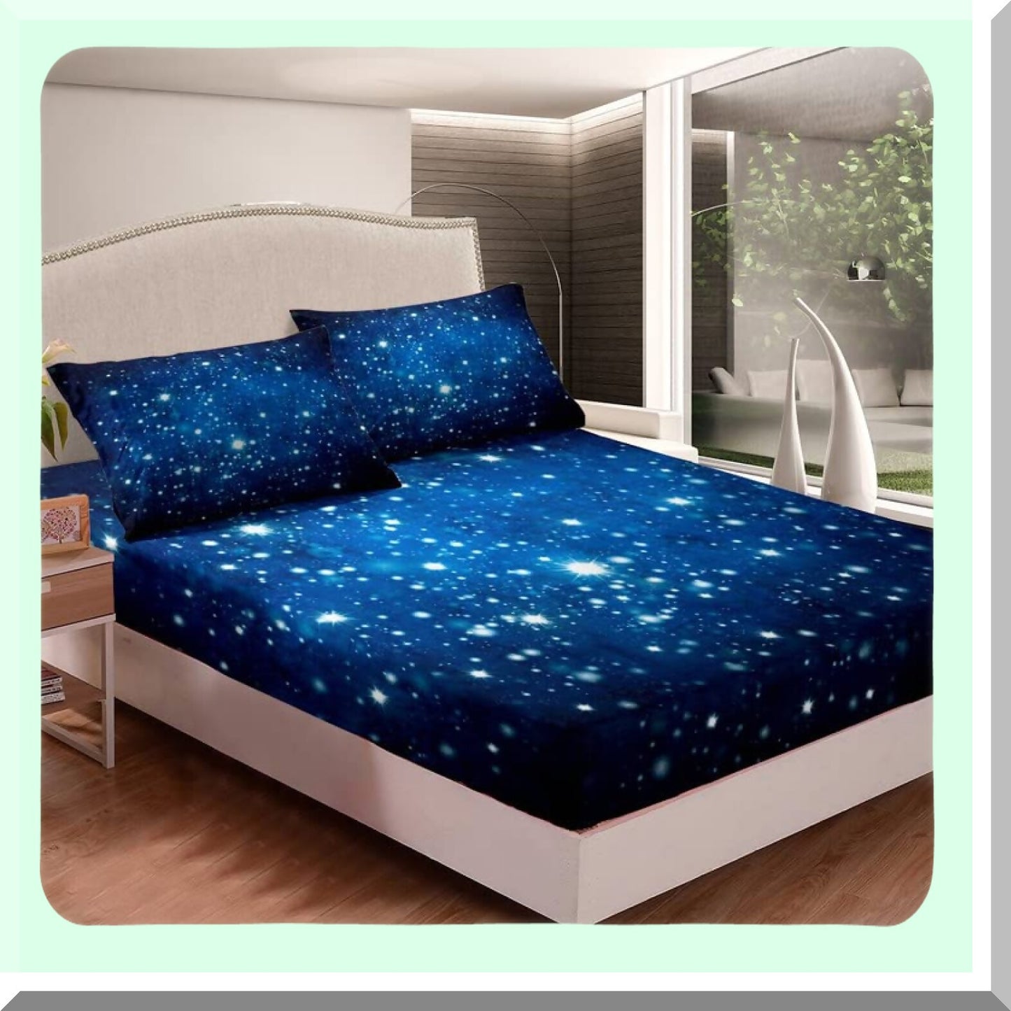 Galactic Dreams 3D Printed Sheet Set - Sky Blue Glitter Universe Bedding with Deep Pocket Fitted Sheet - Outer Space Queen Size 4Pcs Set