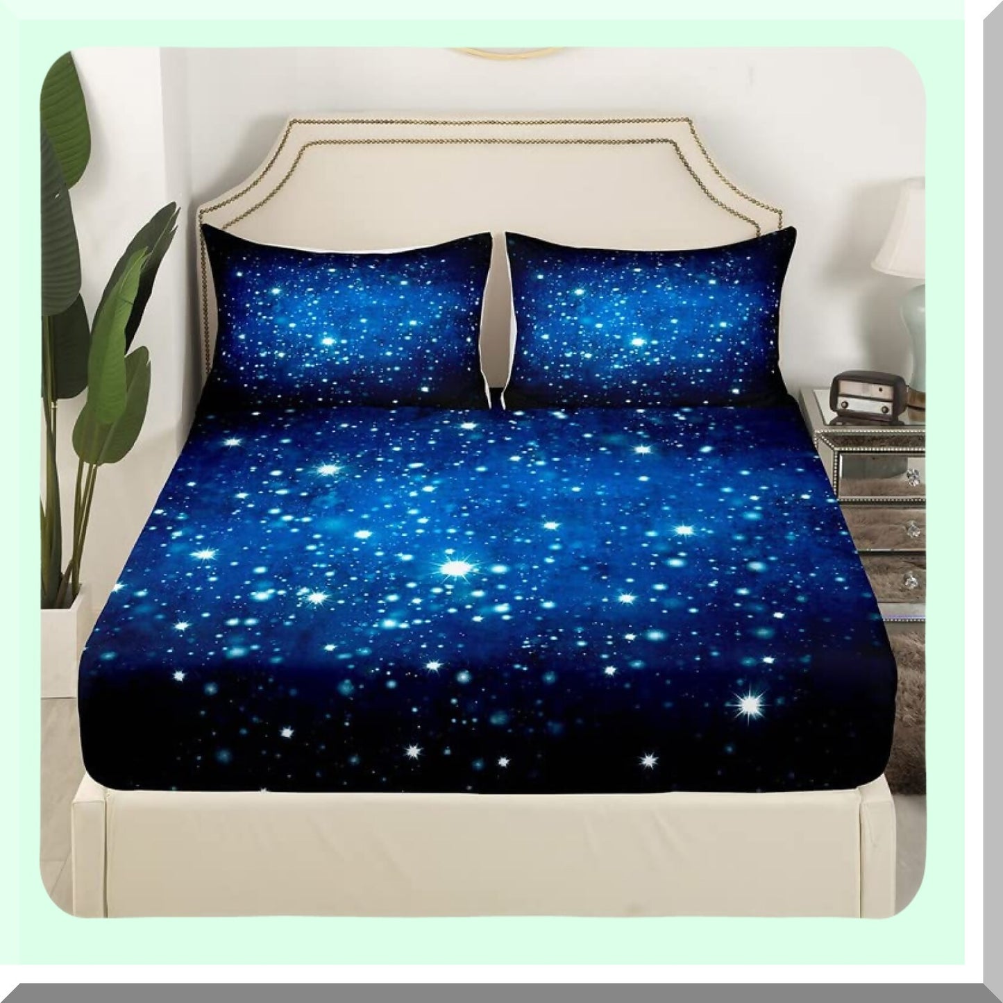 Galactic Dreams 3D Printed Sheet Set - Sky Blue Glitter Universe Bedding with Deep Pocket Fitted Sheet - Outer Space Queen Size 4Pcs Set