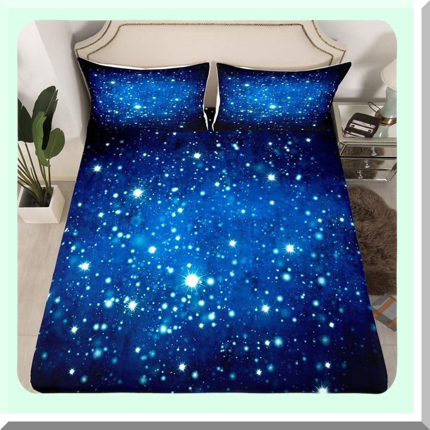 Galactic Dreams 3D Printed Sheet Set - Sky Blue Glitter Universe Bedding with Deep Pocket Fitted Sheet - Outer Space Queen Size 4Pcs Set