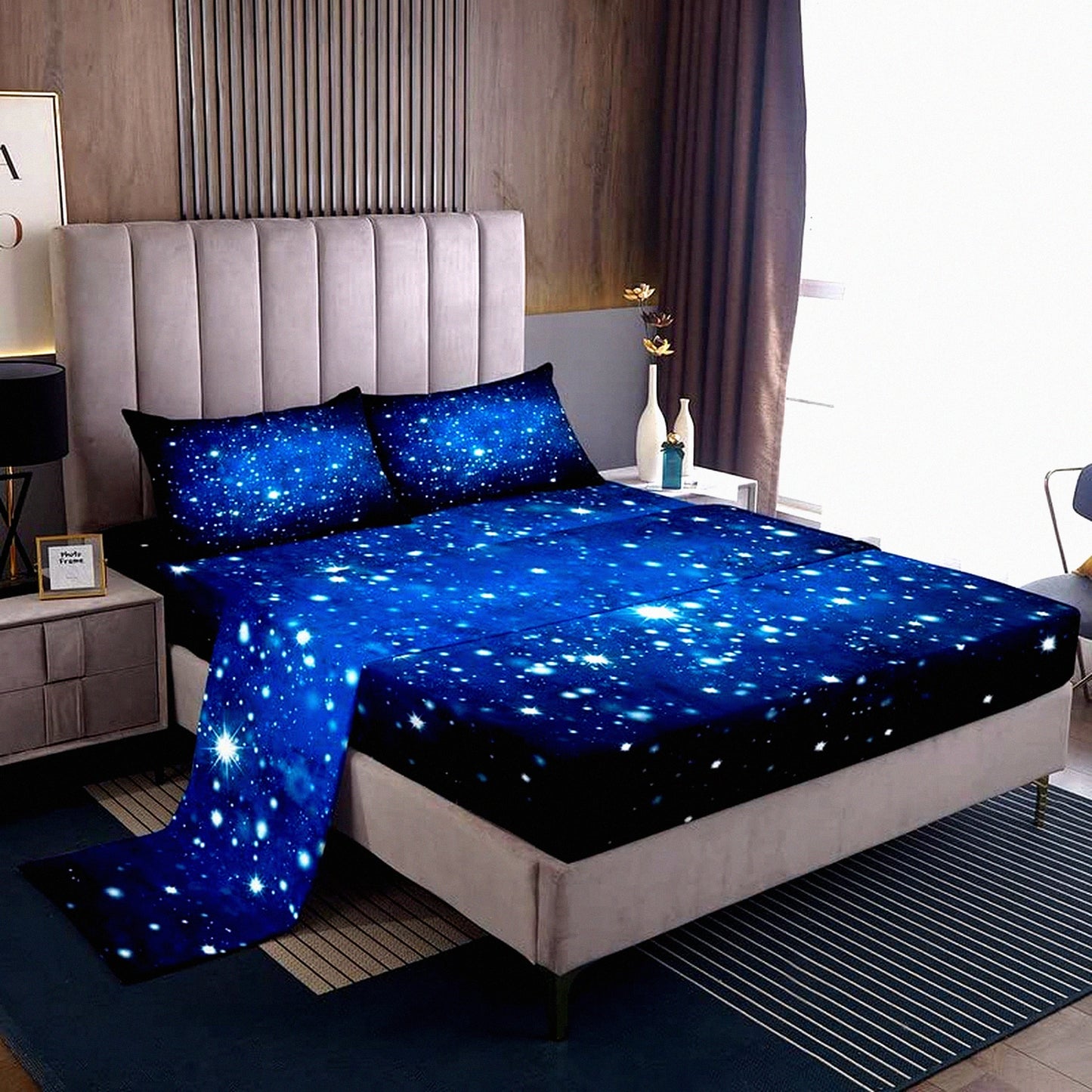 Galactic Dreams 3D Printed Sheet Set - Sky Blue Glitter Universe Bedding with Deep Pocket Fitted Sheet - Outer Space Queen Size 4Pcs Set