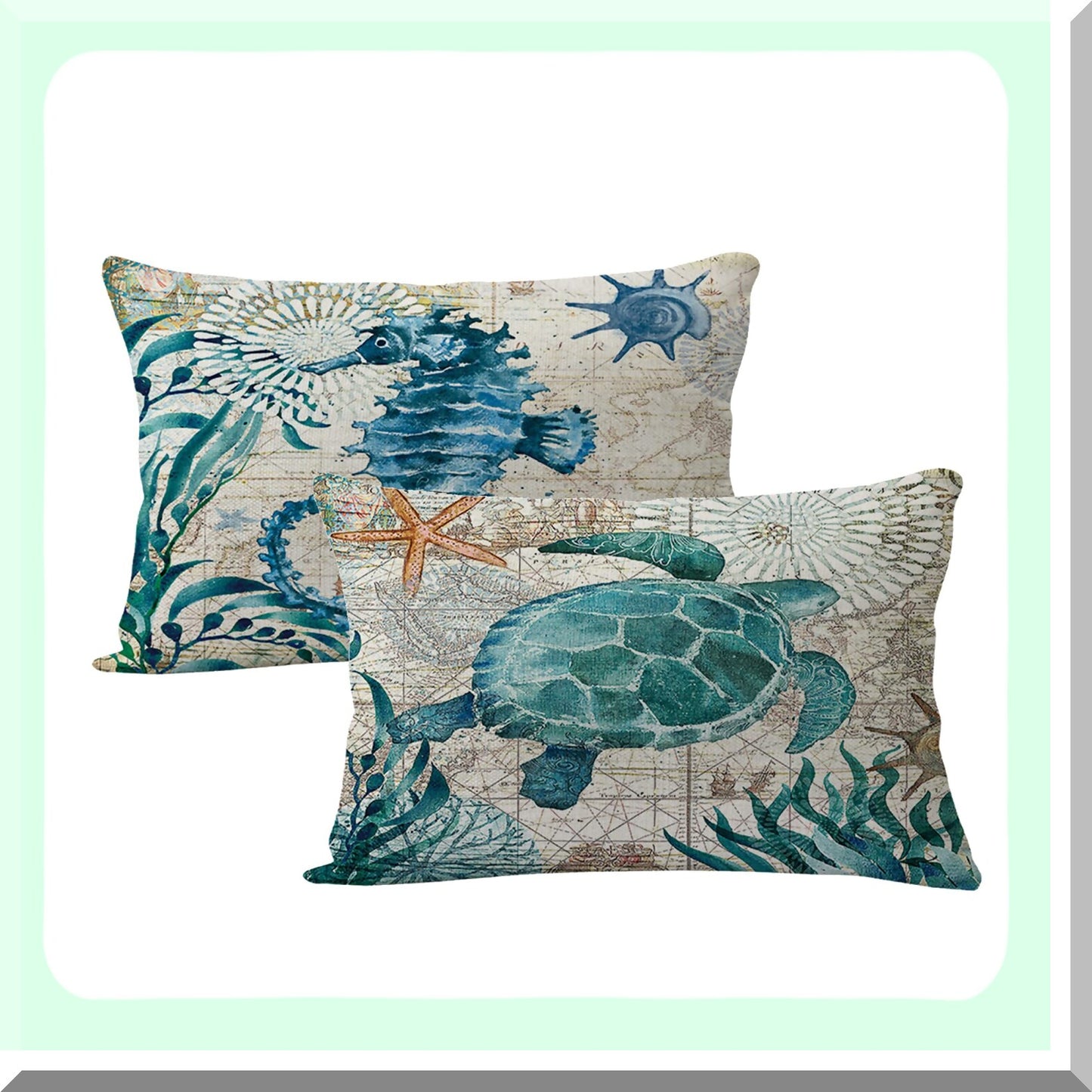 SeaLife Coastal Pillow Covers - Set of 2 Sea Turtle & Sea Horse Rectangular Cushion Covers - Beach Theme Decorative Linen Pillowcases 12" x 20"