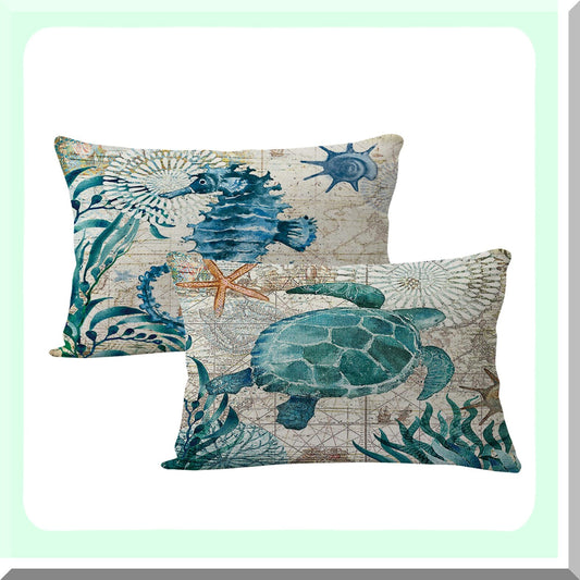 SeaLife Coastal Pillow Covers - Set of 2 Sea Turtle & Sea Horse Rectangular Cushion Covers - Beach Theme Decorative Linen Pillowcases 12" x 20"