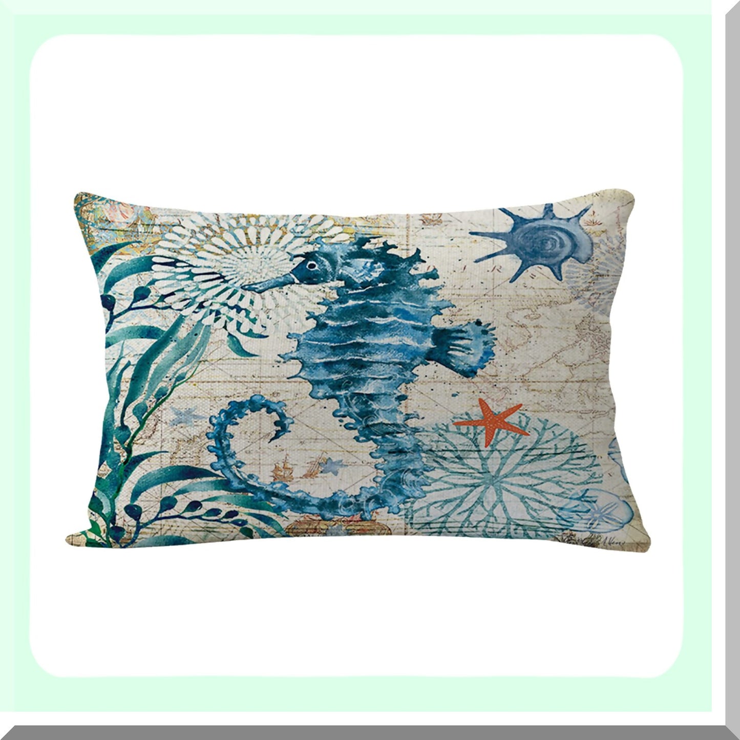 SeaLife Coastal Pillow Covers - Set of 2 Sea Turtle & Sea Horse Rectangular Cushion Covers - Beach Theme Decorative Linen Pillowcases 12" x 20"