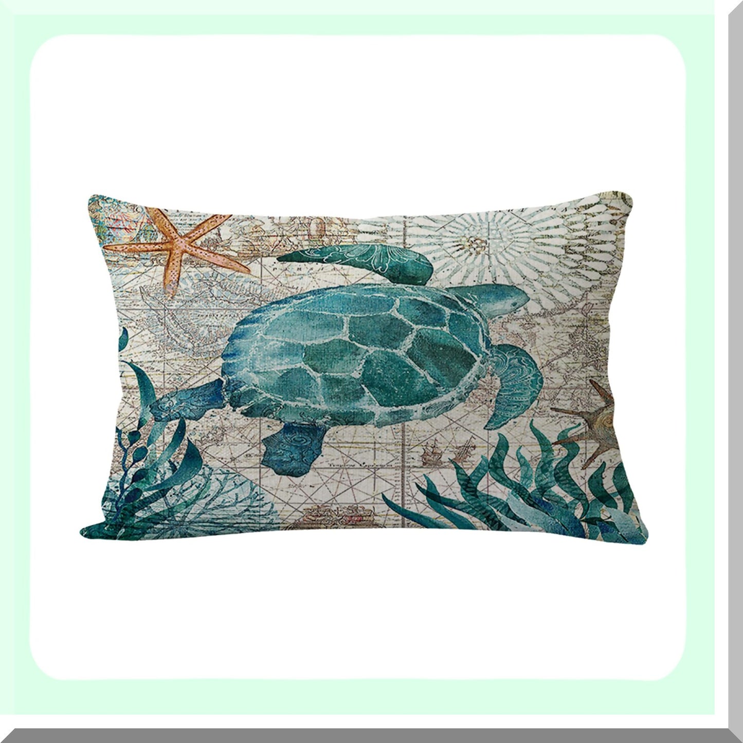 SeaLife Coastal Pillow Covers - Set of 2 Sea Turtle & Sea Horse Rectangular Cushion Covers - Beach Theme Decorative Linen Pillowcases 12" x 20"