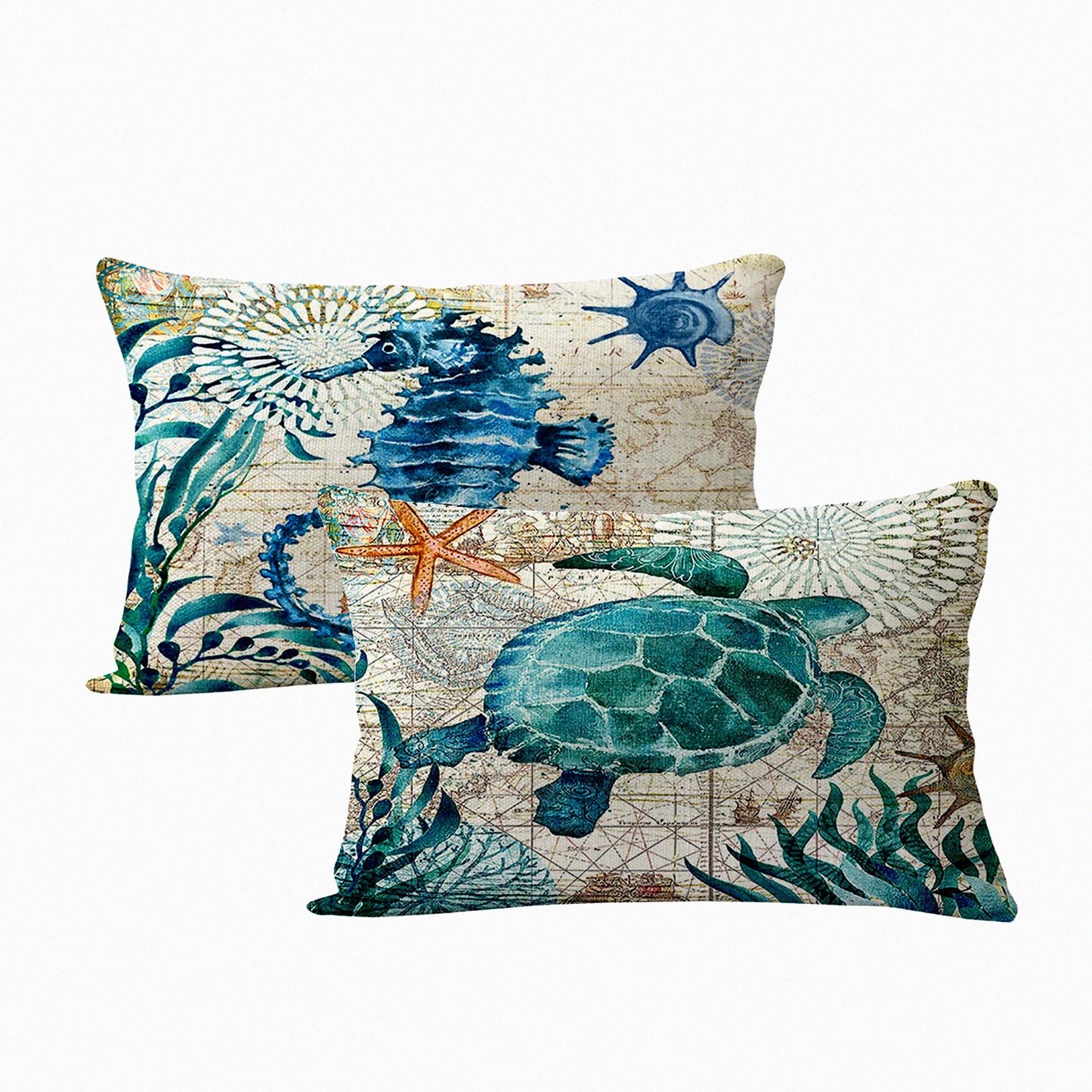 SeaLife Coastal Pillow Covers - Set of 2 Sea Turtle & Sea Horse Rectangular Cushion Covers - Beach Theme Decorative Linen Pillowcases 12" x 20"