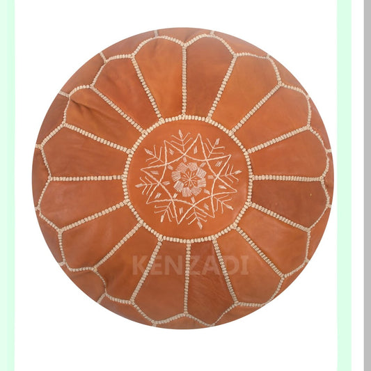 Handcrafted Marrakech Leather Pouf Cover - Tan, Moroccan Artisan Stitched Footstool Slipcover, Genuine Leather Ottoman Case, UNSTUFFED