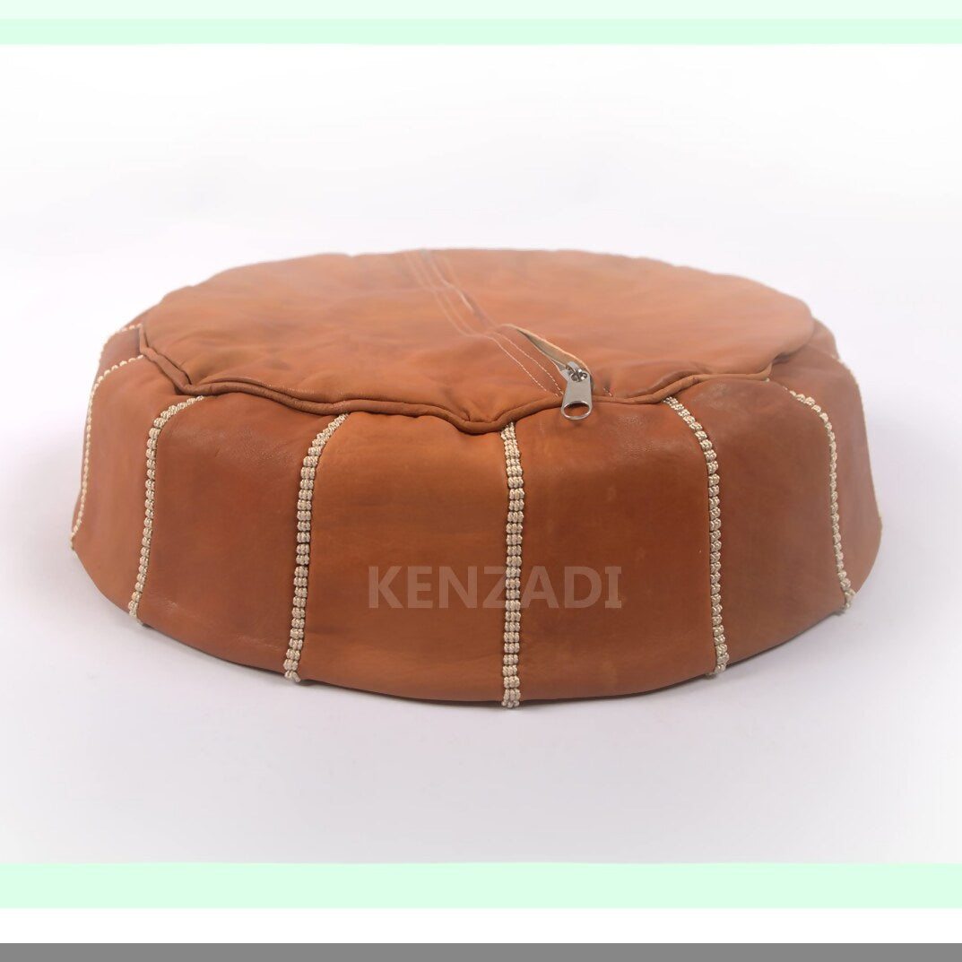 Handcrafted Marrakech Leather Pouf Cover - Tan, Moroccan Artisan Stitched Footstool Slipcover, Genuine Leather Ottoman Case, UNSTUFFED