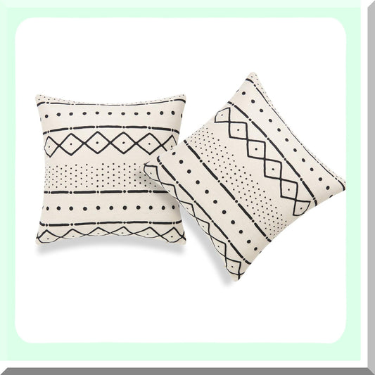 Ethnic Mud Cloth Decorative Pillow Covers - Set of 2 | Heavyweight Cotton Linen | Natural Dots and Lines Design | 18"x18" | 45cm x 45cm