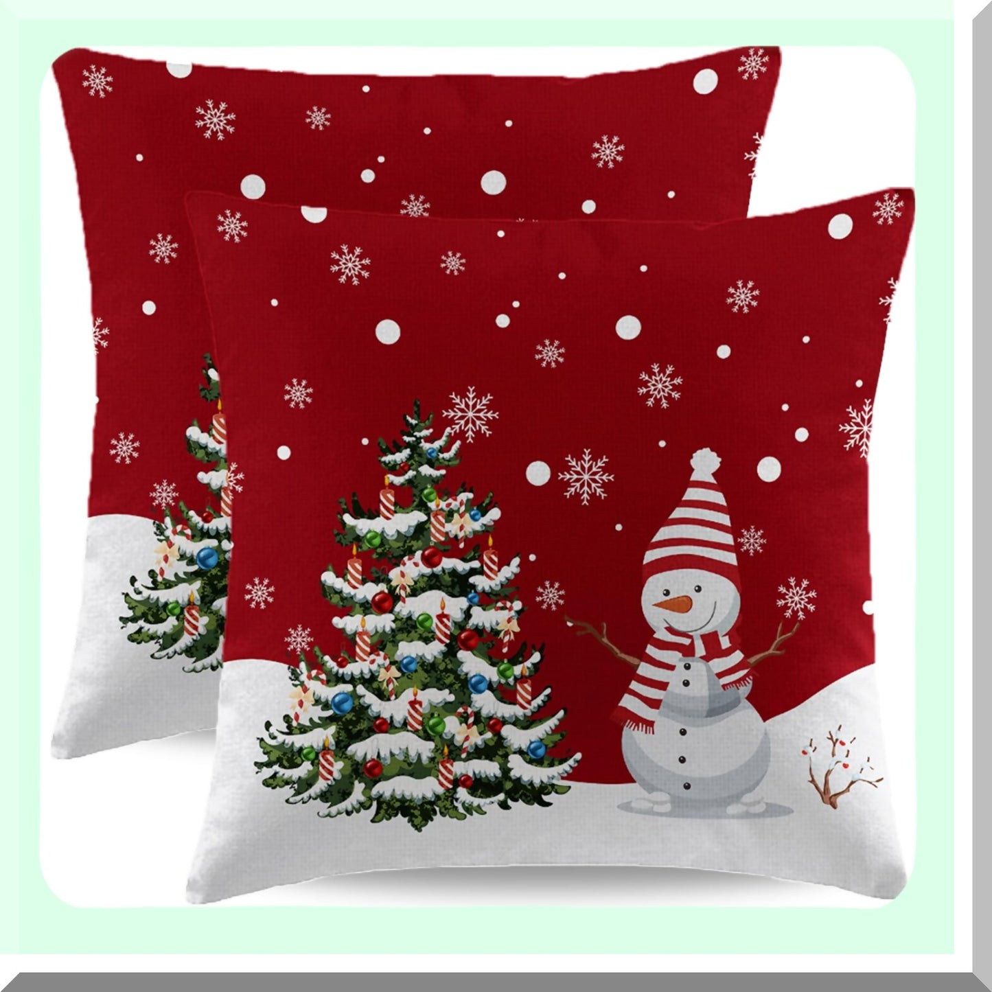Winter Wonderland Pillowcase Set - Farmhouse Snowman Snowflake Xmas Tree Decor - 16x16 Square Linen Cushion Covers - Holiday Home Decor for Bed, Couch, Sofa & Outdoor - Set of 2