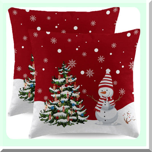Winter Wonderland Pillowcase Set - Farmhouse Snowman Snowflake Xmas Tree Decor - 16x16 Square Linen Cushion Covers - Holiday Home Decor for Bed, Couch, Sofa & Outdoor - Set of 2