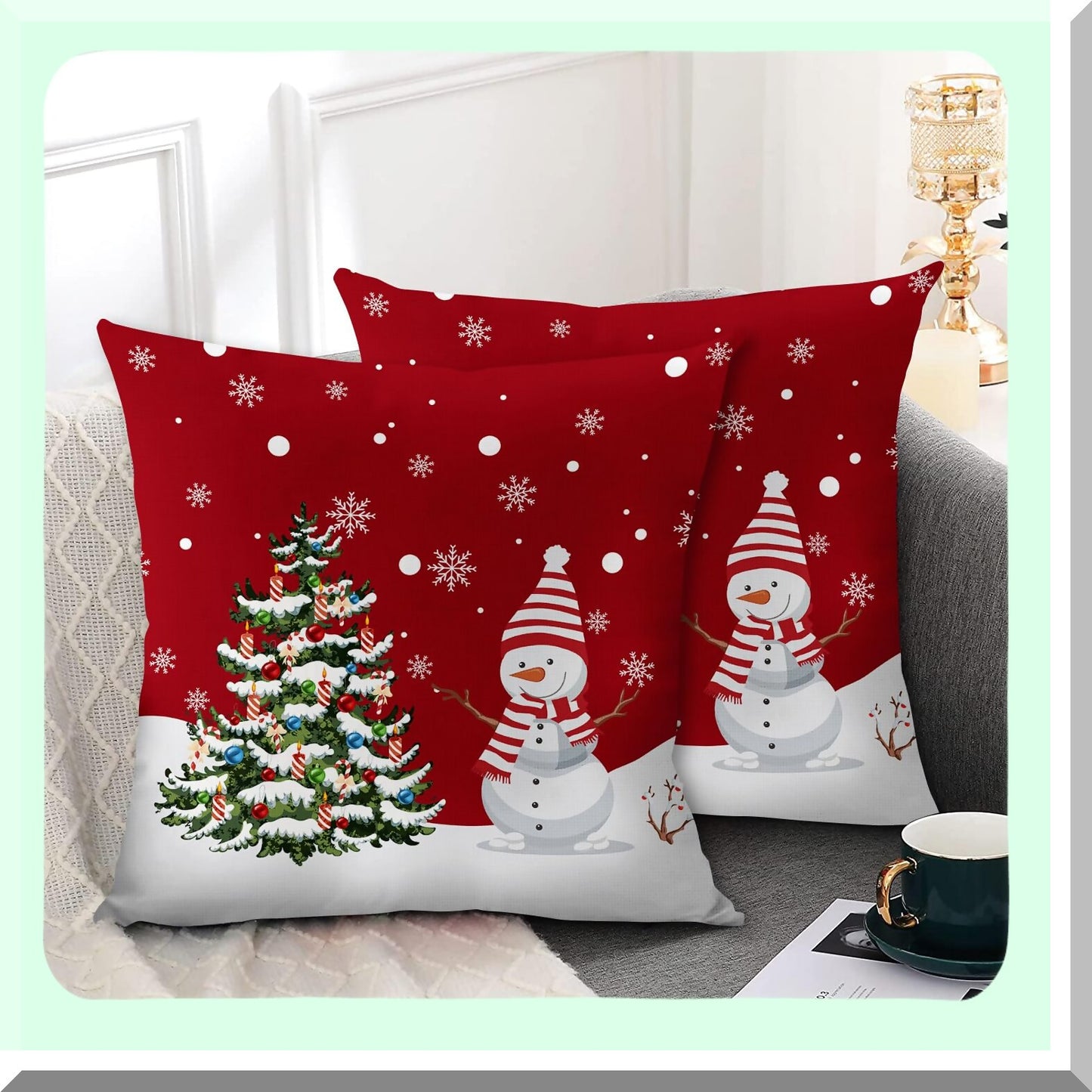 Winter Wonderland Pillowcase Set - Farmhouse Snowman Snowflake Xmas Tree Decor - 16x16 Square Linen Cushion Covers - Holiday Home Decor for Bed, Couch, Sofa & Outdoor - Set of 2
