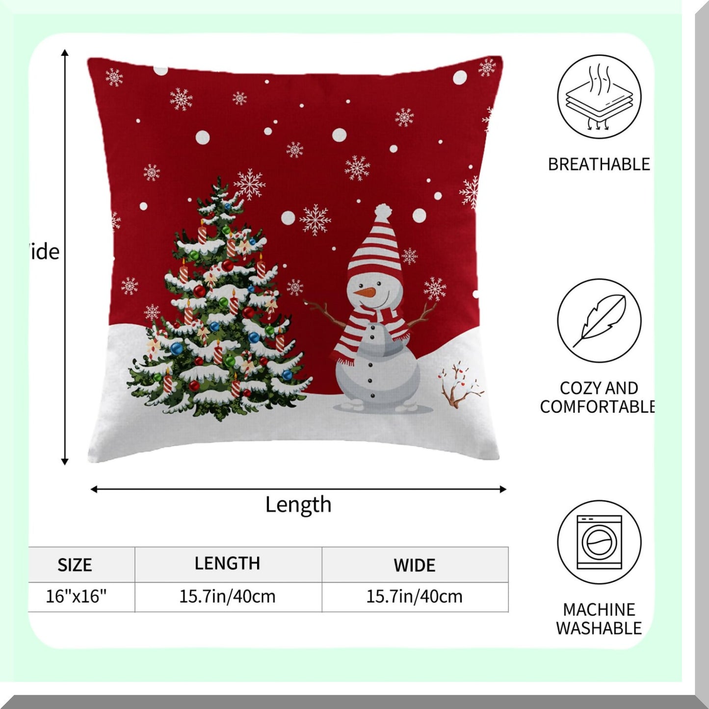 Winter Wonderland Pillowcase Set - Farmhouse Snowman Snowflake Xmas Tree Decor - 16x16 Square Linen Cushion Covers - Holiday Home Decor for Bed, Couch, Sofa & Outdoor - Set of 2