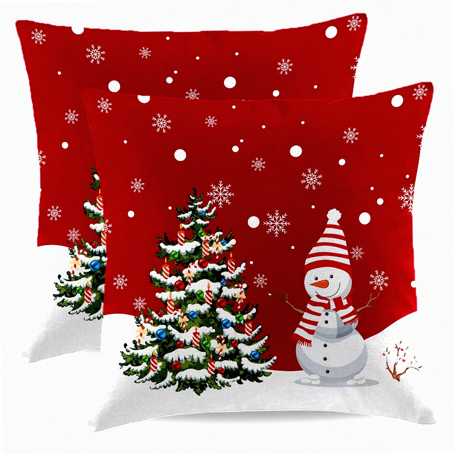 Winter Wonderland Pillowcase Set - Farmhouse Snowman Snowflake Xmas Tree Decor - 16x16 Square Linen Cushion Covers - Holiday Home Decor for Bed, Couch, Sofa & Outdoor - Set of 2
