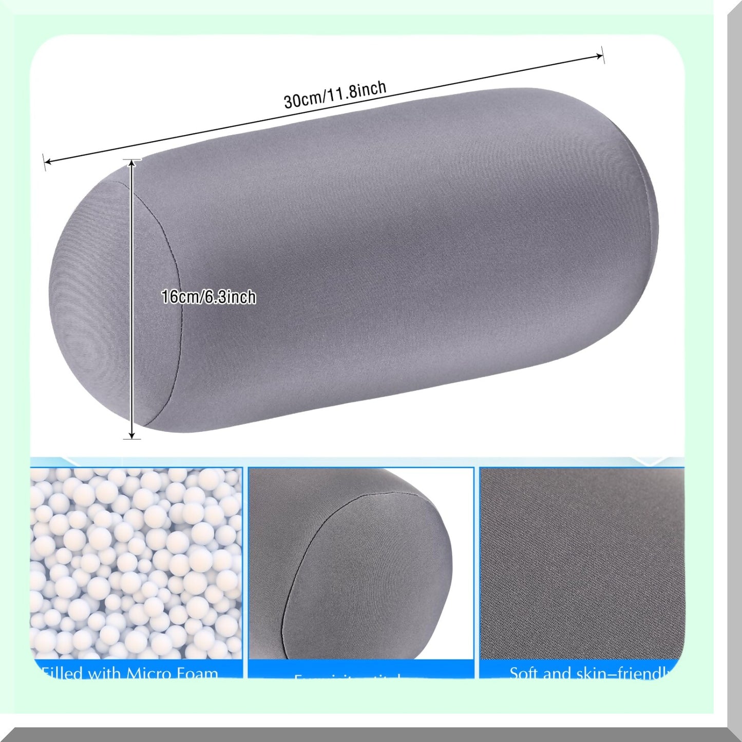 Microbead Comfort Roll Pillow - Soft Bolster Cylindrical Pillow for Sleeping, Travel, Neck, Head, Back Support - 2 Pack, 11.8 x 6.3 Inch - Grey