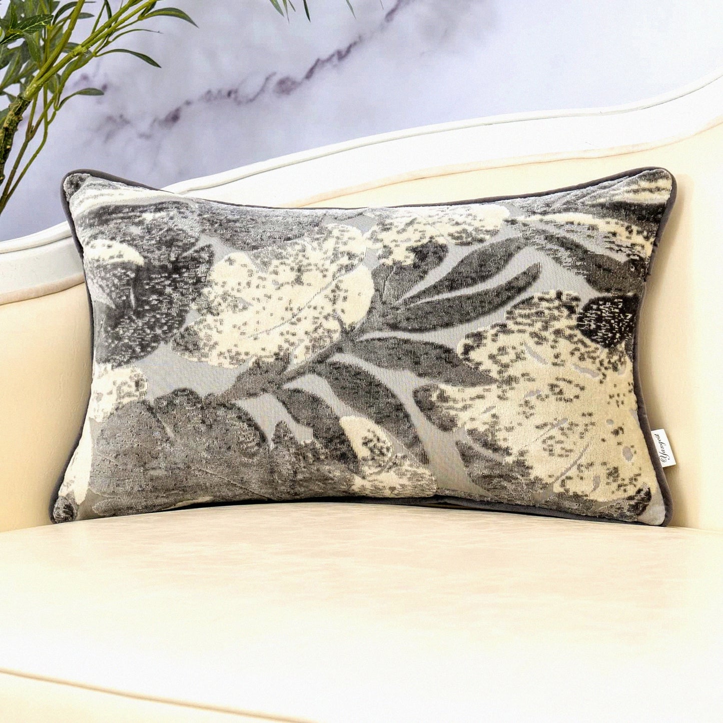 Vintage Grey Monstera Leaf Velvet Lumbar Pillowcase - Textured Cushion Cover for Sofa Couch & Bedroom Decor - Neutral Oblong Throw Pillow 12x20"