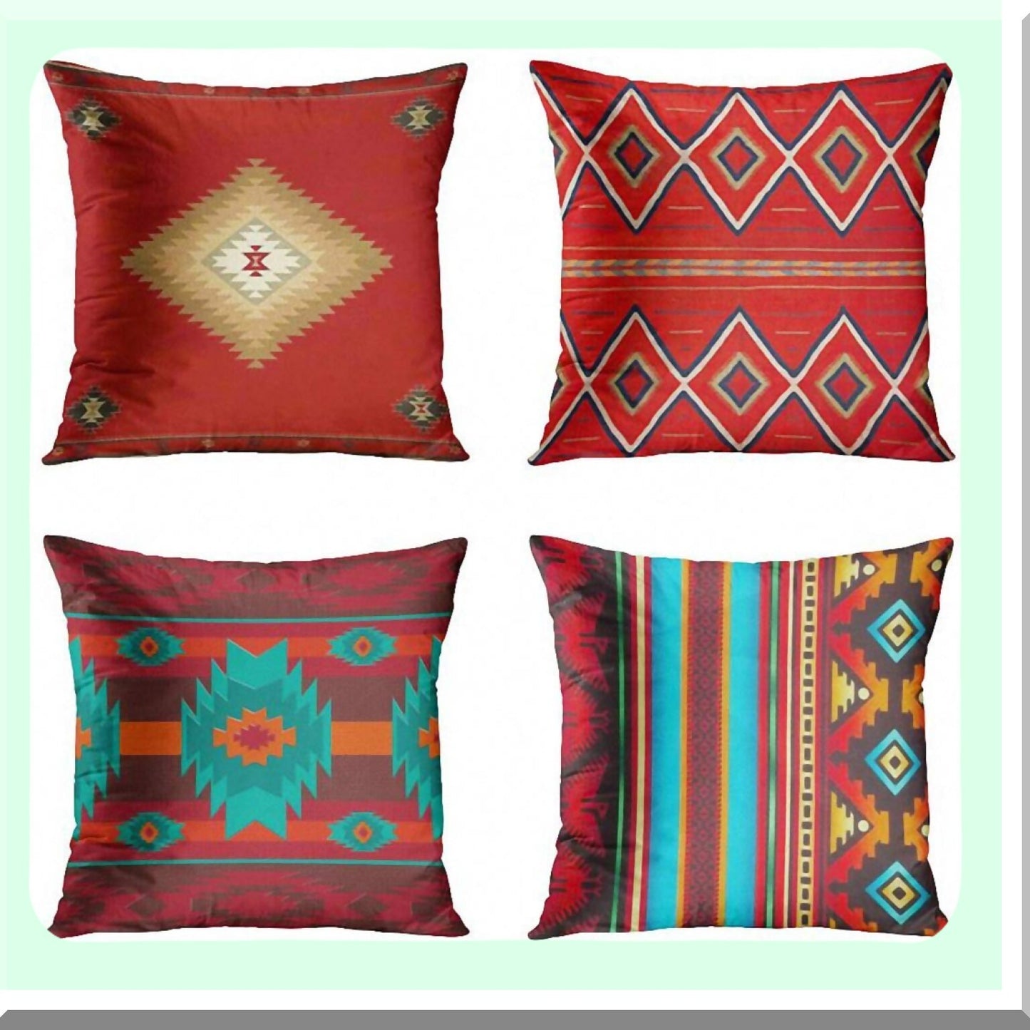 Southwest Geometric Red Tribal Pillow Covers - Set of 4 | Country Home Decor Square 18x18 Inches | Cultural Hue Western Decorative Pillowcases