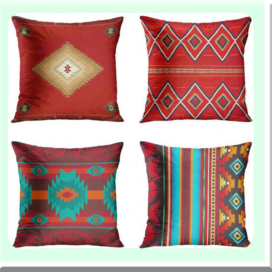 Southwest Geometric Red Tribal Pillow Covers - Set of 4 | Country Home Decor Square 18x18 Inches | Cultural Hue Western Decorative Pillowcases
