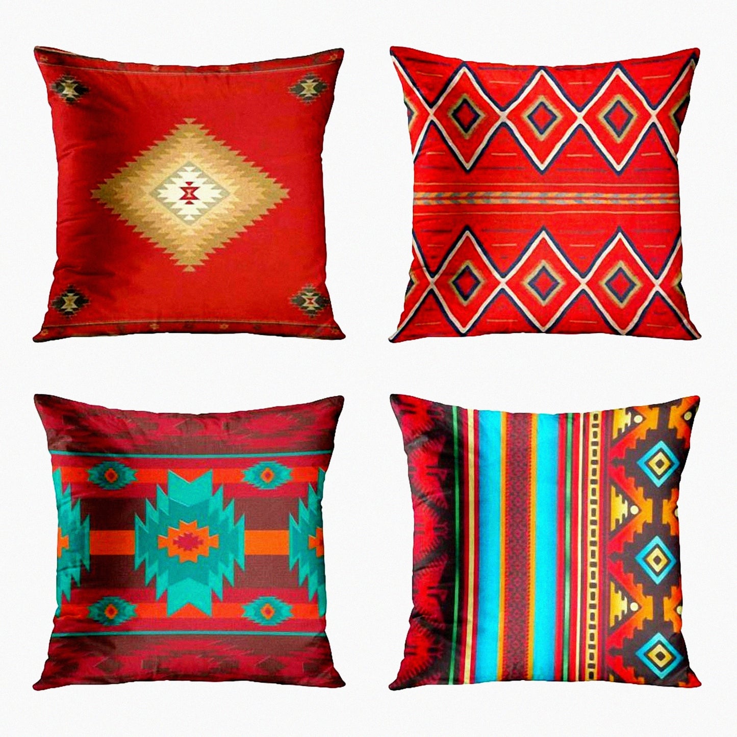 Southwest Geometric Red Tribal Pillow Covers - Set of 4 | Country Home Decor Square 18x18 Inches | Cultural Hue Western Decorative Pillowcases