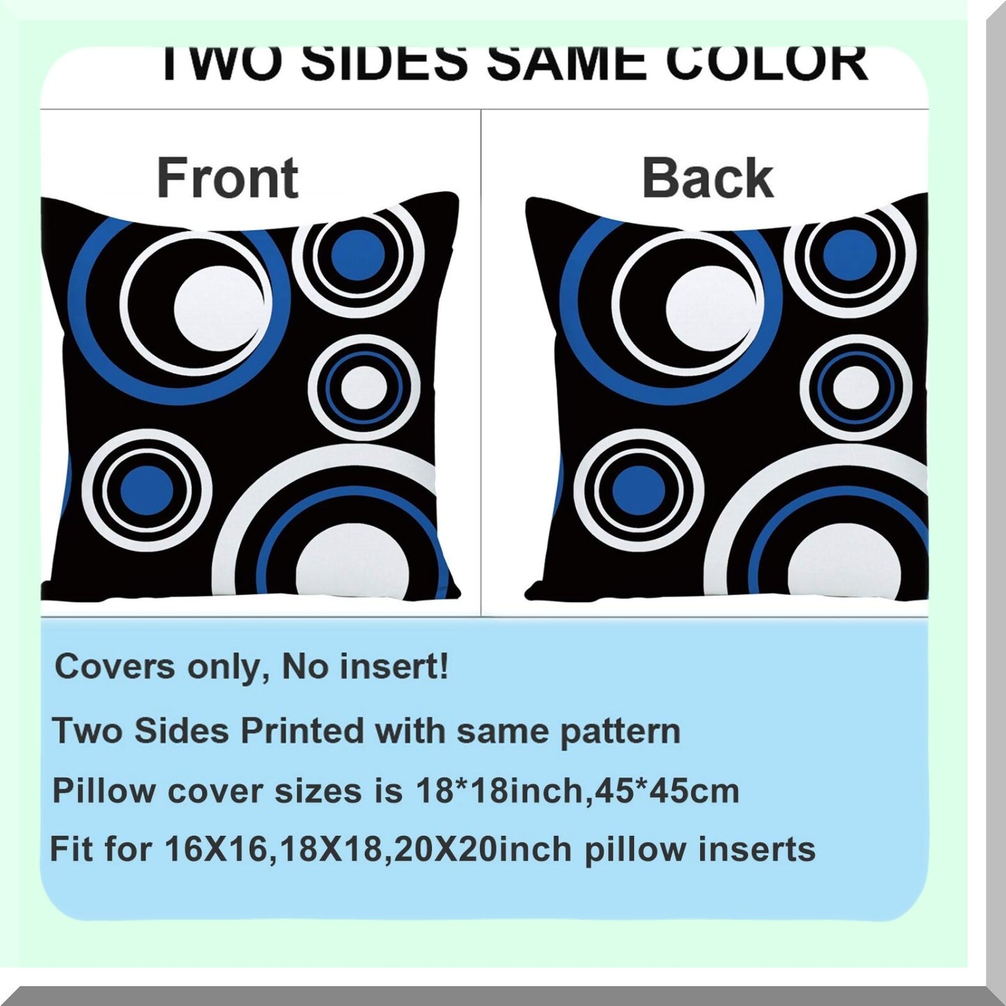 Abstract Stripe Dot Pillowcase Set - Blue Black White Decorative Throw Pillow Covers for Home Decor - Modern Square 18x18 Inches