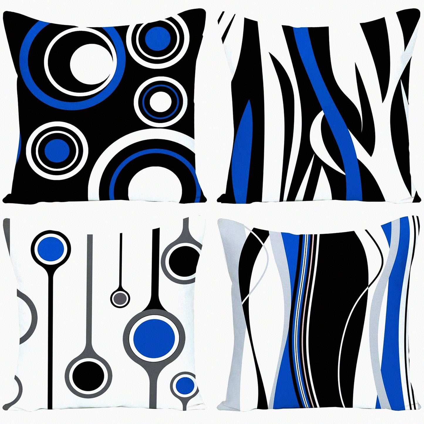 Abstract Stripe Dot Pillowcase Set - Blue Black White Decorative Throw Pillow Covers for Home Decor - Modern Square 18x18 Inches