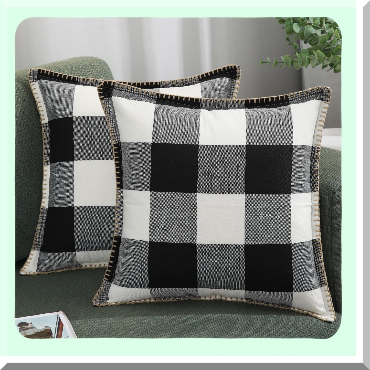 Buffalo Plaid Farmhouse Throw Pillow Covers - Set of 2, Outdoor Decorative Cushion Cases for Bed Couch Sofa - Black White Checkered Design, 18x18