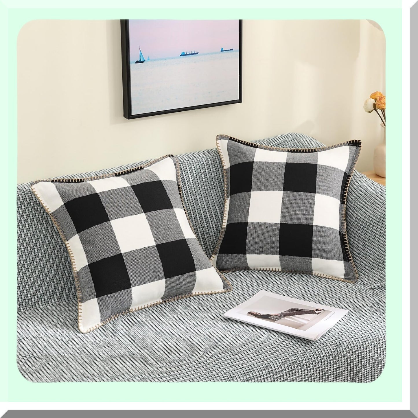 Buffalo Plaid Farmhouse Throw Pillow Covers - Set of 2, Outdoor Decorative Cushion Cases for Bed Couch Sofa - Black White Checkered Design, 18x18