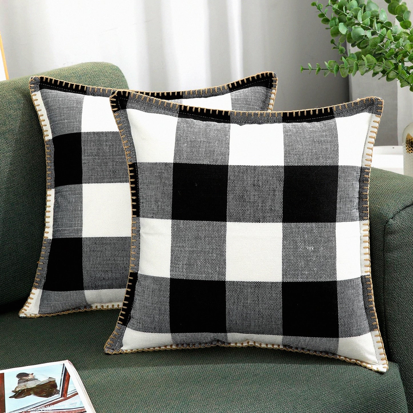 Buffalo Plaid Farmhouse Throw Pillow Covers - Set of 2, Outdoor Decorative Cushion Cases for Bed Couch Sofa - Black White Checkered Design, 18x18