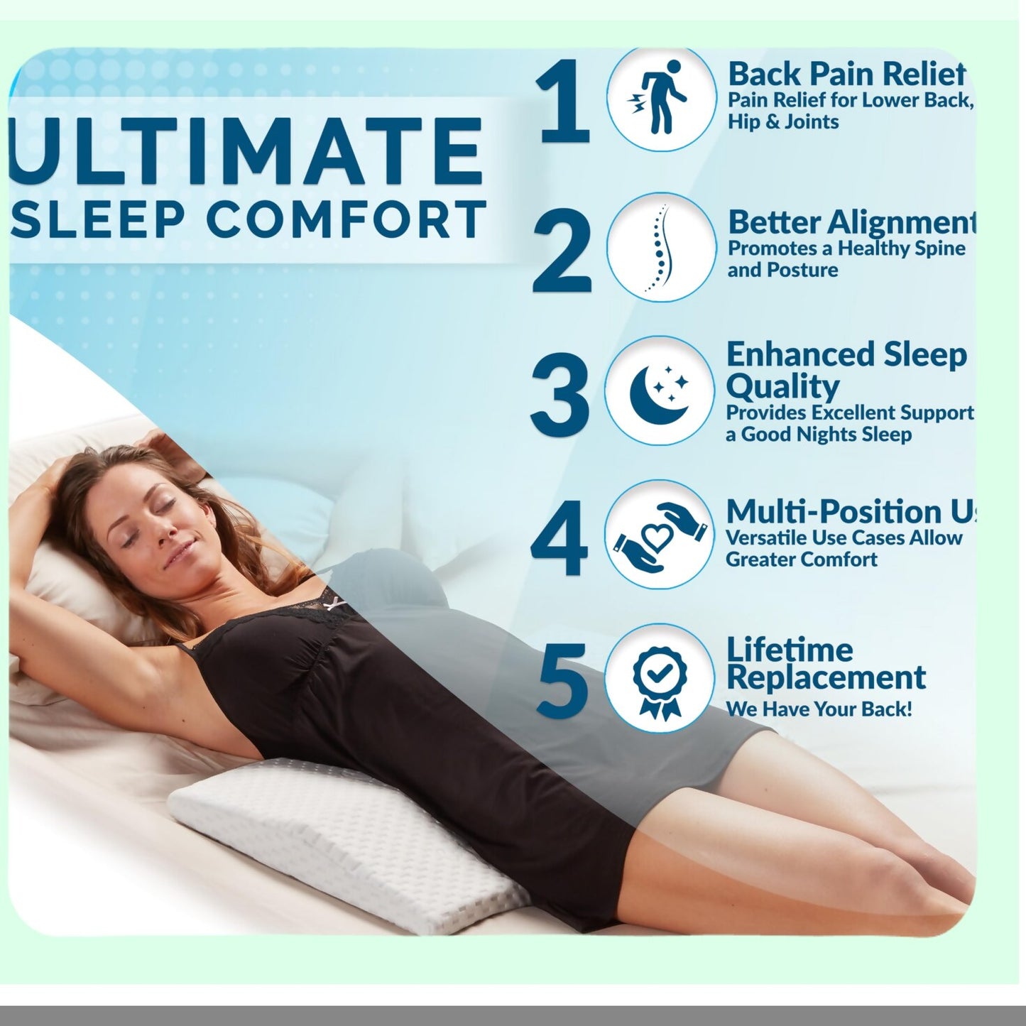 SleepEase Memory Foam Lumbar Support Pillow - Back Pain Relief for Side, Back, and Stomach Sleepers. Triangle Wedge Bolster Bed Rest Pillow in White Standard Size.