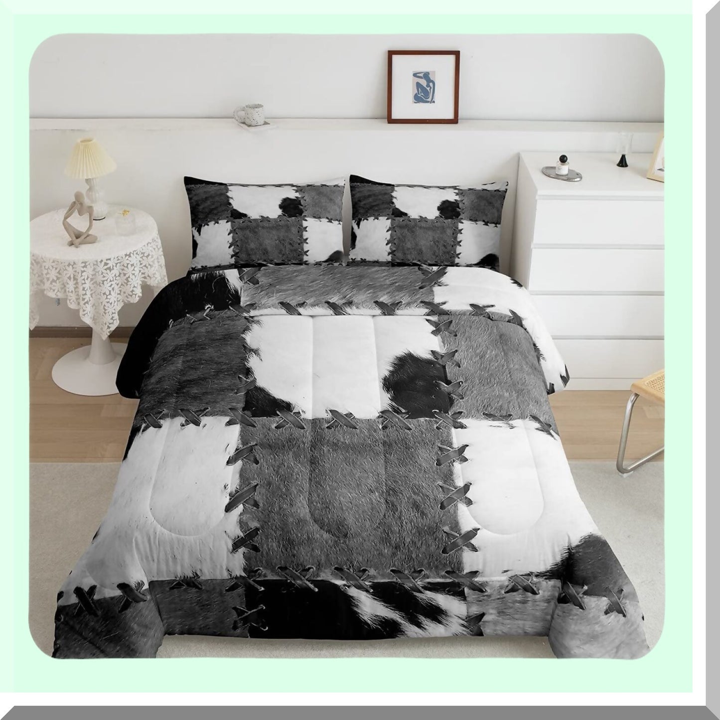 Cowhide Patchwork Comforter Set - Farm Animal Bedding for Adults & Teens. Western Cowboy Farmhouse Down Comforter with Grey & White Cow Print Duvet Insert.