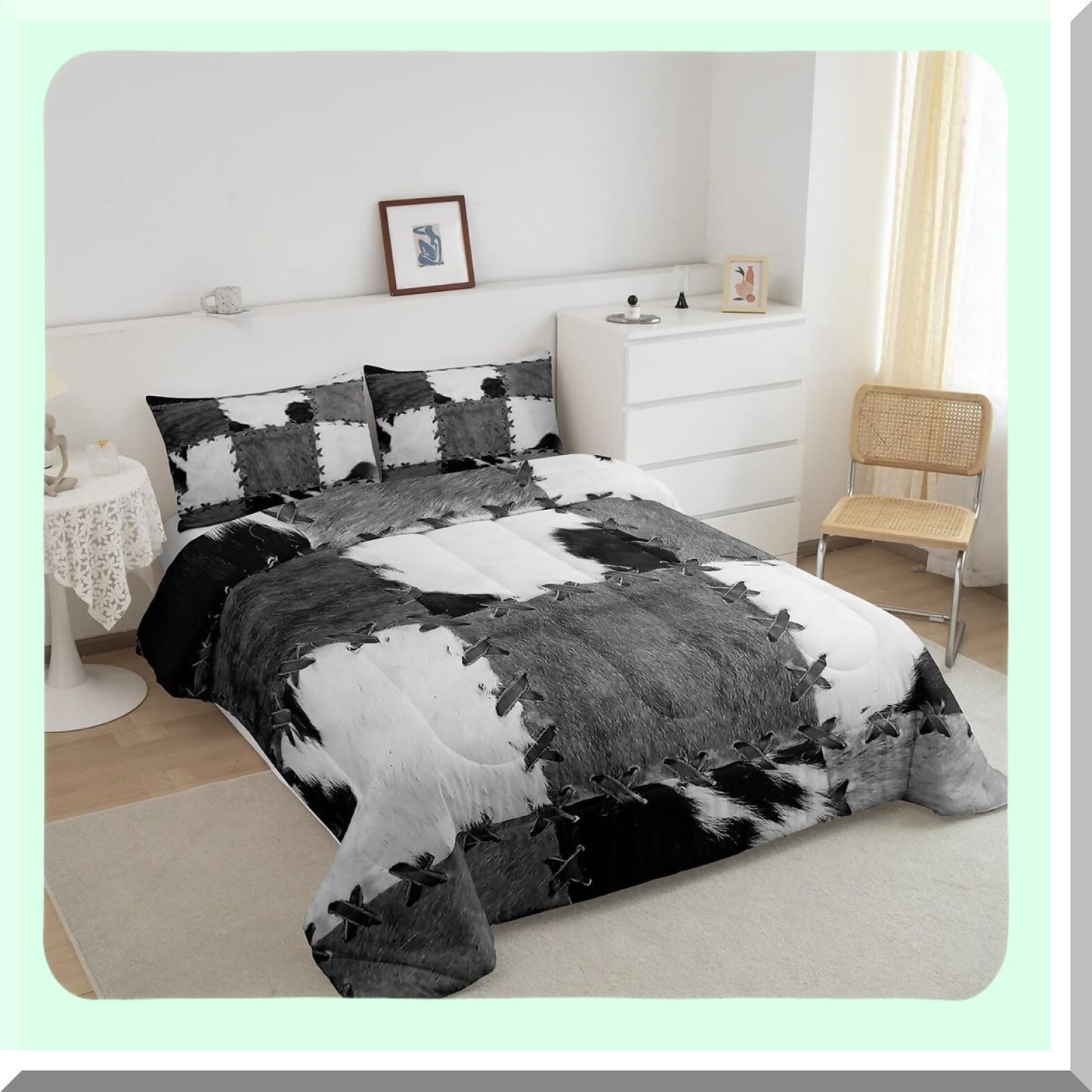 Cowhide Patchwork Comforter Set - Farm Animal Bedding for Adults & Teens. Western Cowboy Farmhouse Down Comforter with Grey & White Cow Print Duvet Insert.