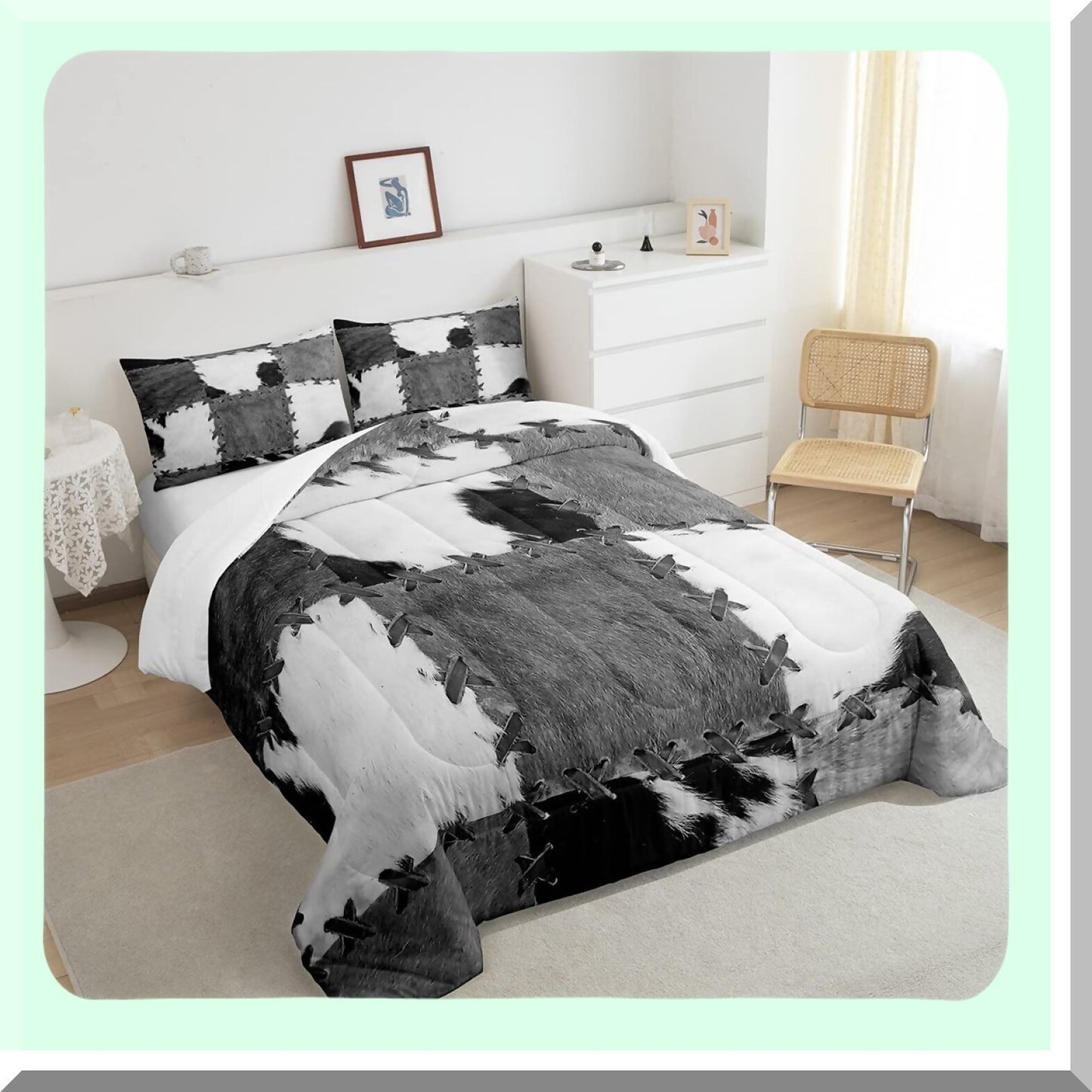 Cowhide Patchwork Comforter Set - Farm Animal Bedding for Adults & Teens. Western Cowboy Farmhouse Down Comforter with Grey & White Cow Print Duvet Insert.