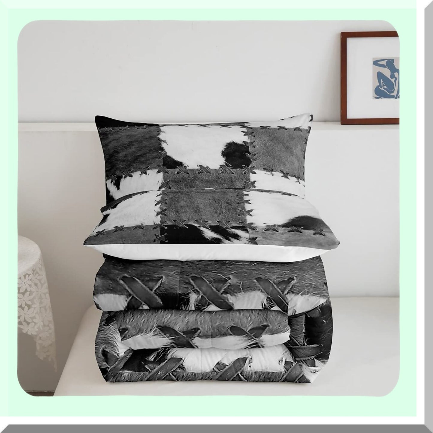 Cowhide Patchwork Comforter Set - Farm Animal Bedding for Adults & Teens. Western Cowboy Farmhouse Down Comforter with Grey & White Cow Print Duvet Insert.