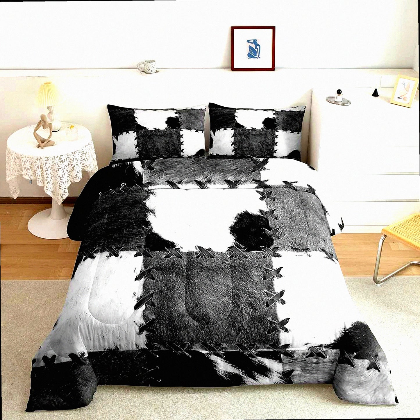 Cowhide Patchwork Comforter Set - Farm Animal Bedding for Adults & Teens. Western Cowboy Farmhouse Down Comforter with Grey & White Cow Print Duvet Insert.