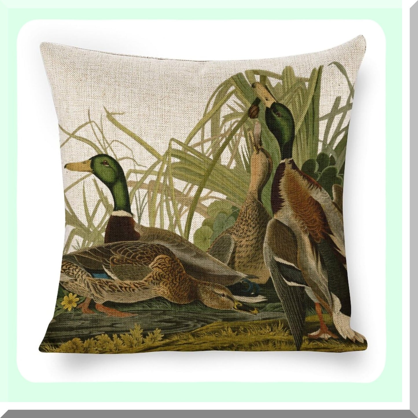 Farmhouse Mallard Ducks Linen Throw Pillow Covers - Double Sided 18x22 Decorative Cushion with Zipper for Couch and Outdoor Sofa