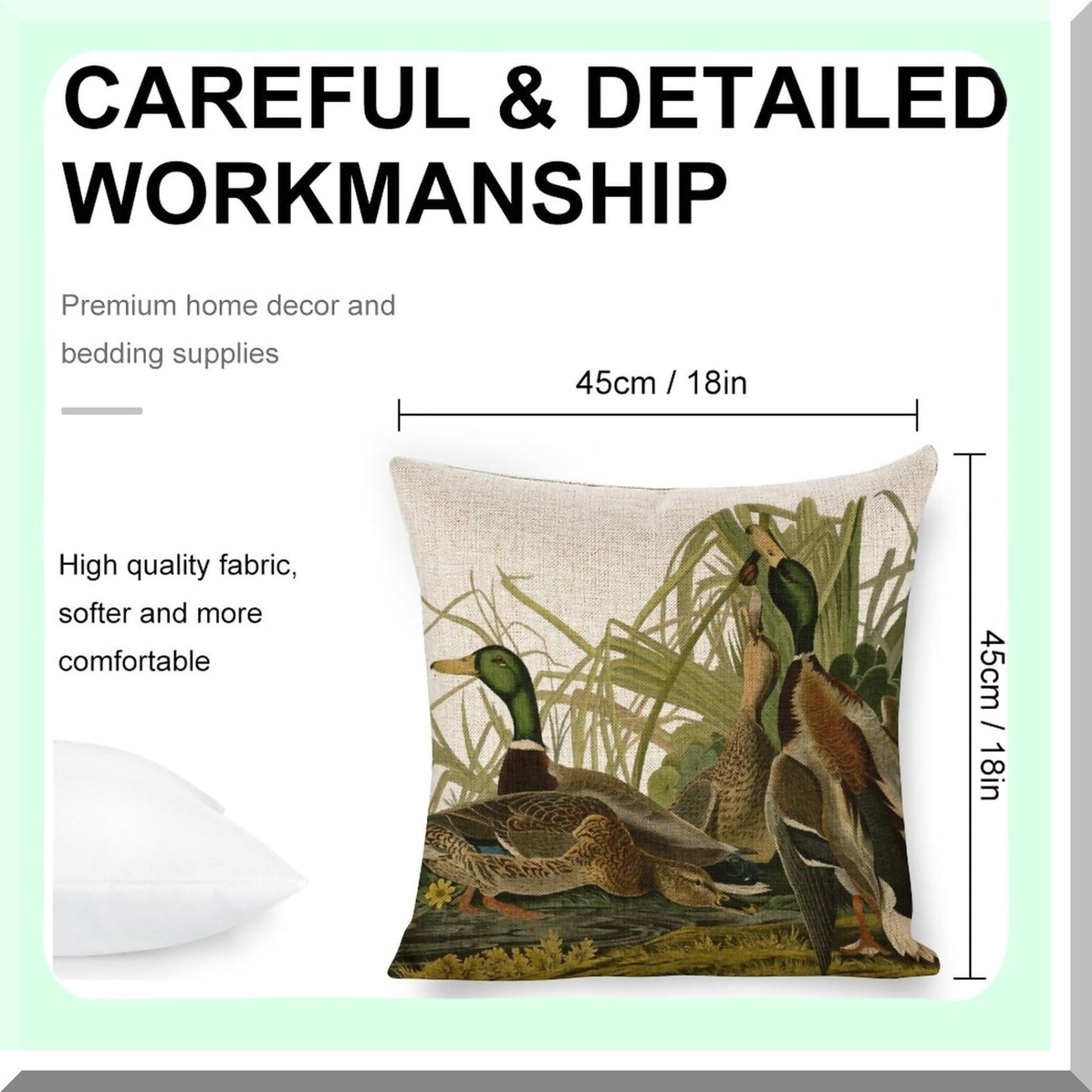 Farmhouse Mallard Ducks Linen Throw Pillow Covers - Double Sided 18x22 Decorative Cushion with Zipper for Couch and Outdoor Sofa