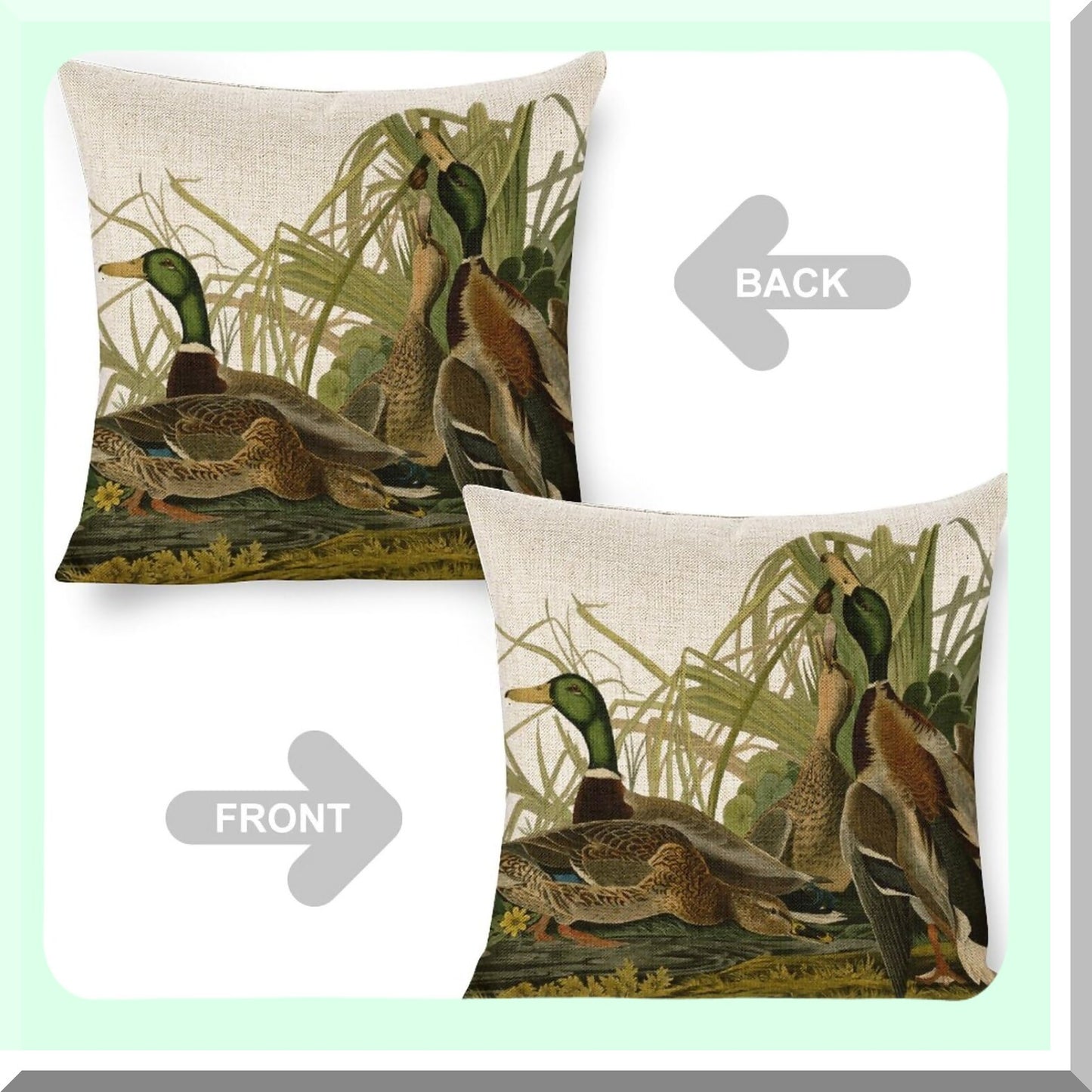 Farmhouse Mallard Ducks Linen Throw Pillow Covers - Double Sided 18x22 Decorative Cushion with Zipper for Couch and Outdoor Sofa