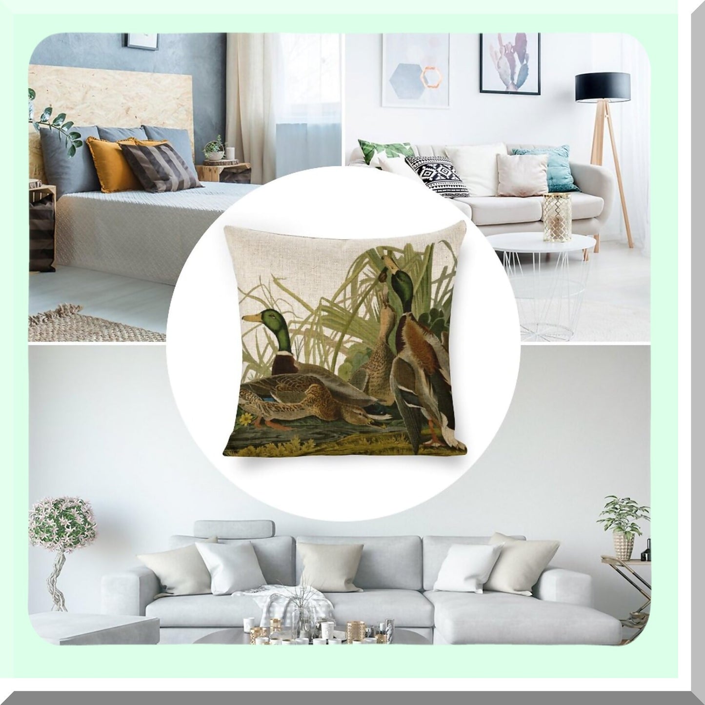 Farmhouse Mallard Ducks Linen Throw Pillow Covers - Double Sided 18x22 Decorative Cushion with Zipper for Couch and Outdoor Sofa