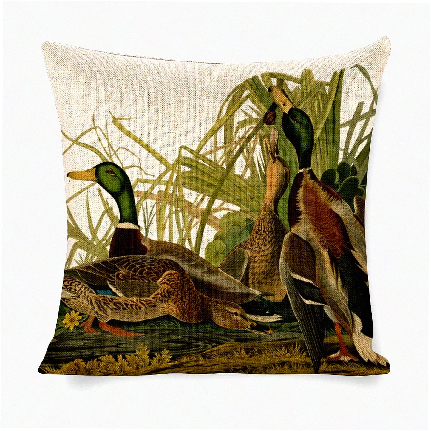 Farmhouse Mallard Ducks Linen Throw Pillow Covers - Double Sided 18x22 Decorative Cushion with Zipper for Couch and Outdoor Sofa