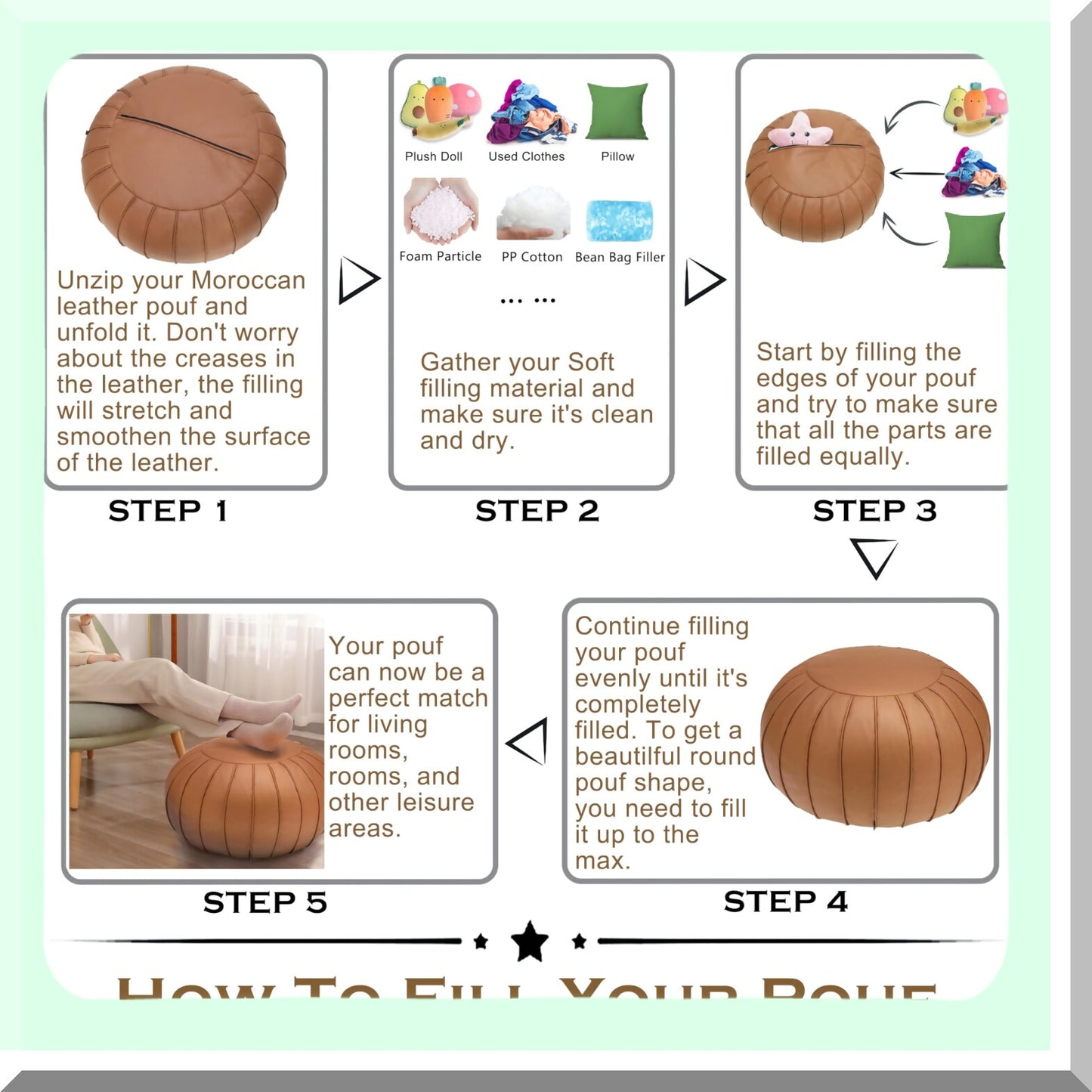 Luxury Suede Round Storage Footstool - Brown Ottoman Pouf for Living Room & Bedroom - 21.6" x 13" Floor Cushion - Wedding Decor - No Filler Included