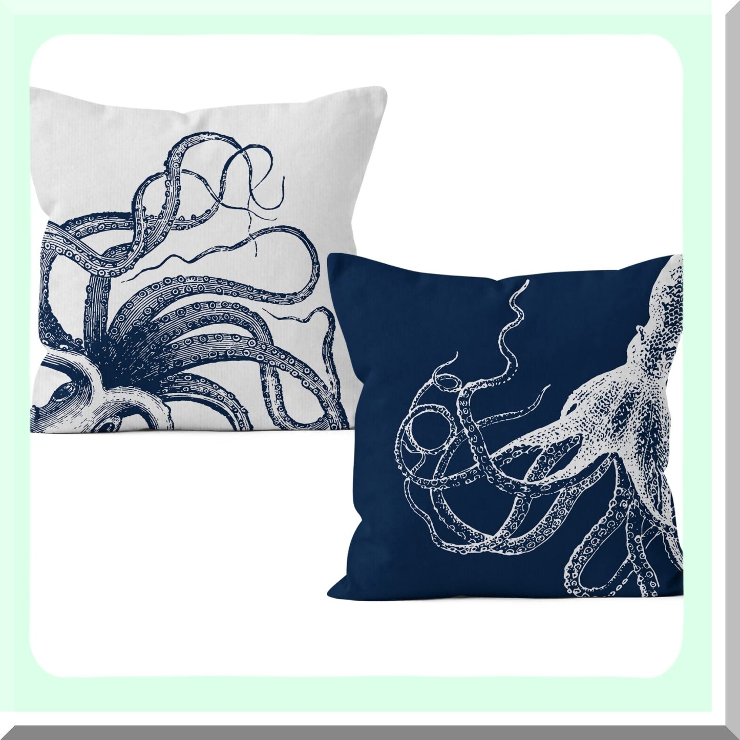 OctoCoastal Nautical Pillow Covers - Set of 2 Decorative Throw Pillowcases 18 x 18 for Sofa Bed Room Home Decor. Ocean Beach Octopus Design.