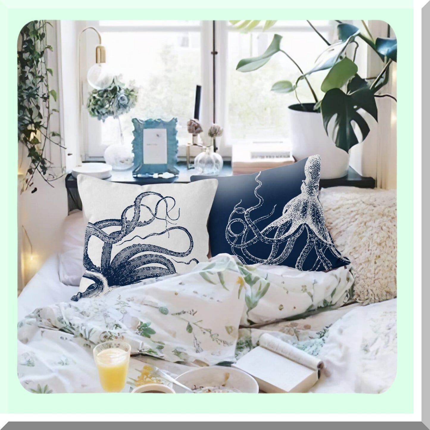 OctoCoastal Nautical Pillow Covers - Set of 2 Decorative Throw Pillowcases 18 x 18 for Sofa Bed Room Home Decor. Ocean Beach Octopus Design.