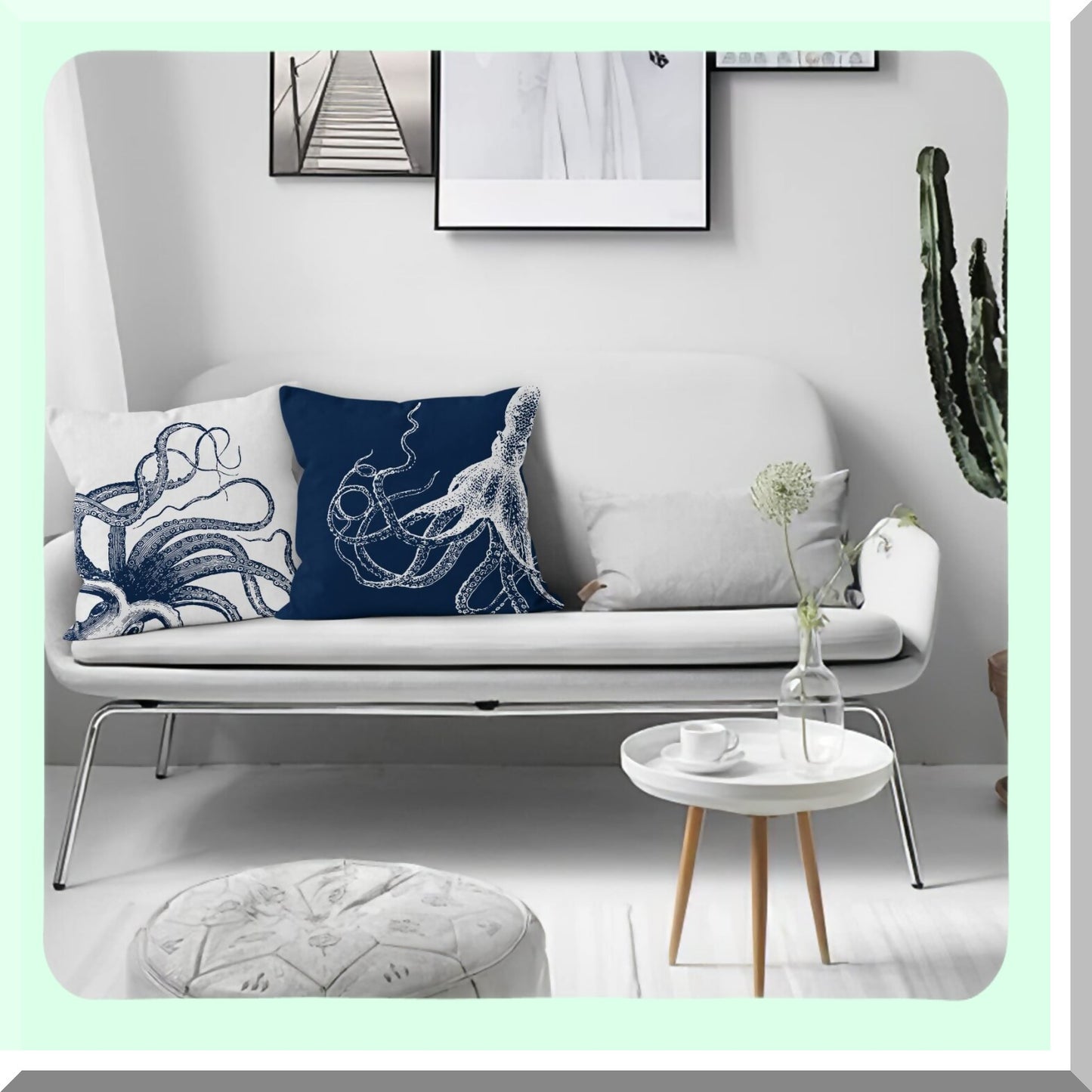 OctoCoastal Nautical Pillow Covers - Set of 2 Decorative Throw Pillowcases 18 x 18 for Sofa Bed Room Home Decor. Ocean Beach Octopus Design.