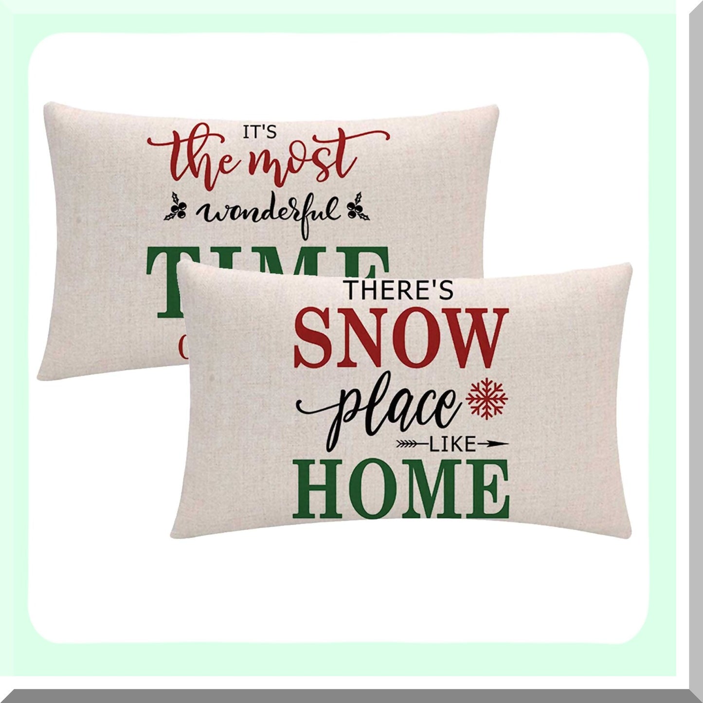 Winter Wonderland Holiday Pillow Covers - Festive Farmhouse Decor Set of 2 Red & Green Throw Pillowcases with "It's The Most Wonderful Time Of The Year" Saying. Cozy Rectangular Cushion Covers 12" x 20"