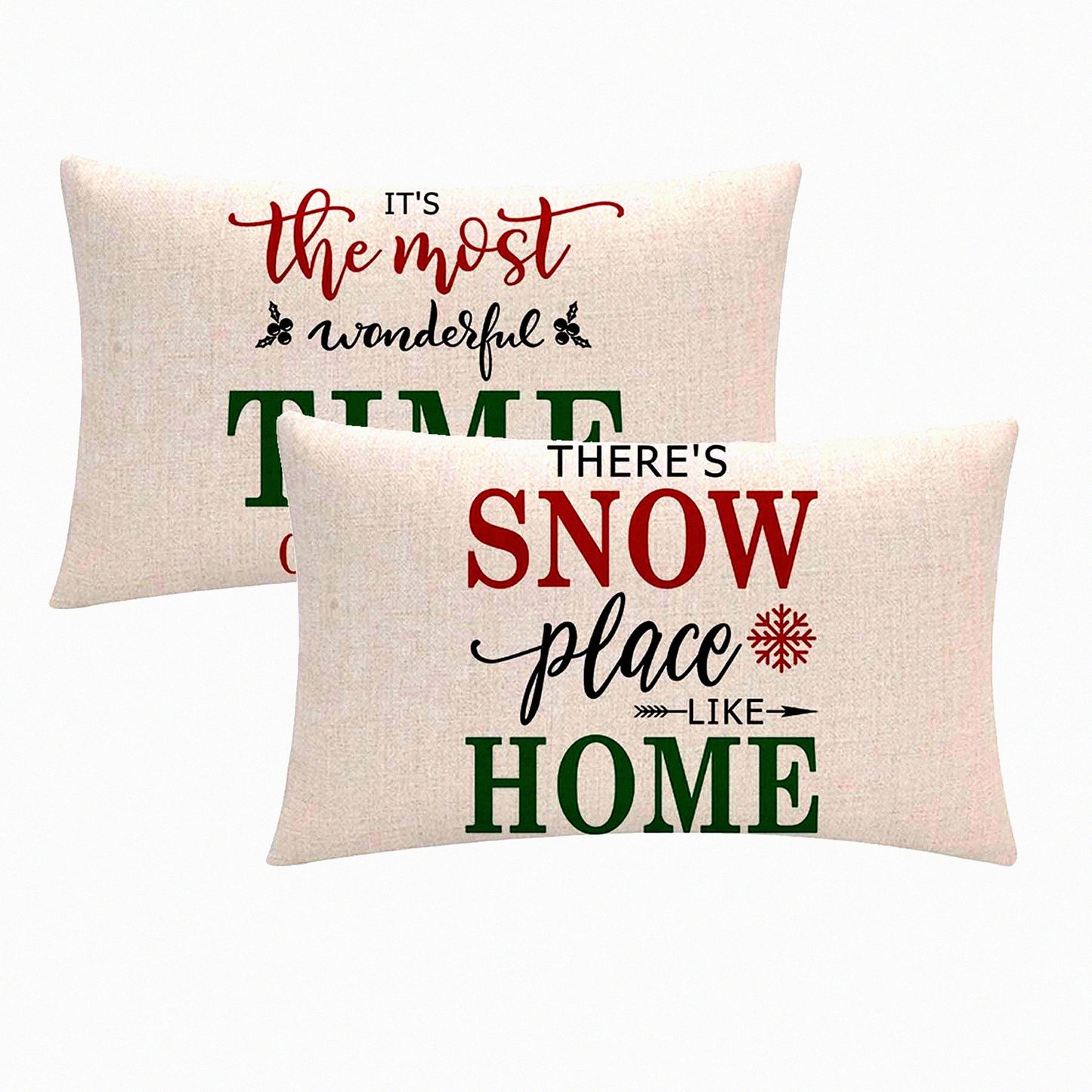Winter Wonderland Holiday Pillow Covers - Festive Farmhouse Decor Set of 2 Red & Green Throw Pillowcases with "It's The Most Wonderful Time Of The Year" Saying. Cozy Rectangular Cushion Covers 12" x 20"