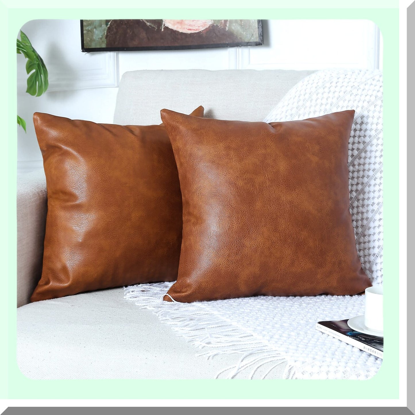 Luxury Leather Pillow Covers - Set of 2 | Modern Decorative Cushion Cases for Farmhouse Sofa Couch Bed Car Outdoor | 24x24 inch Brown Square Pillows