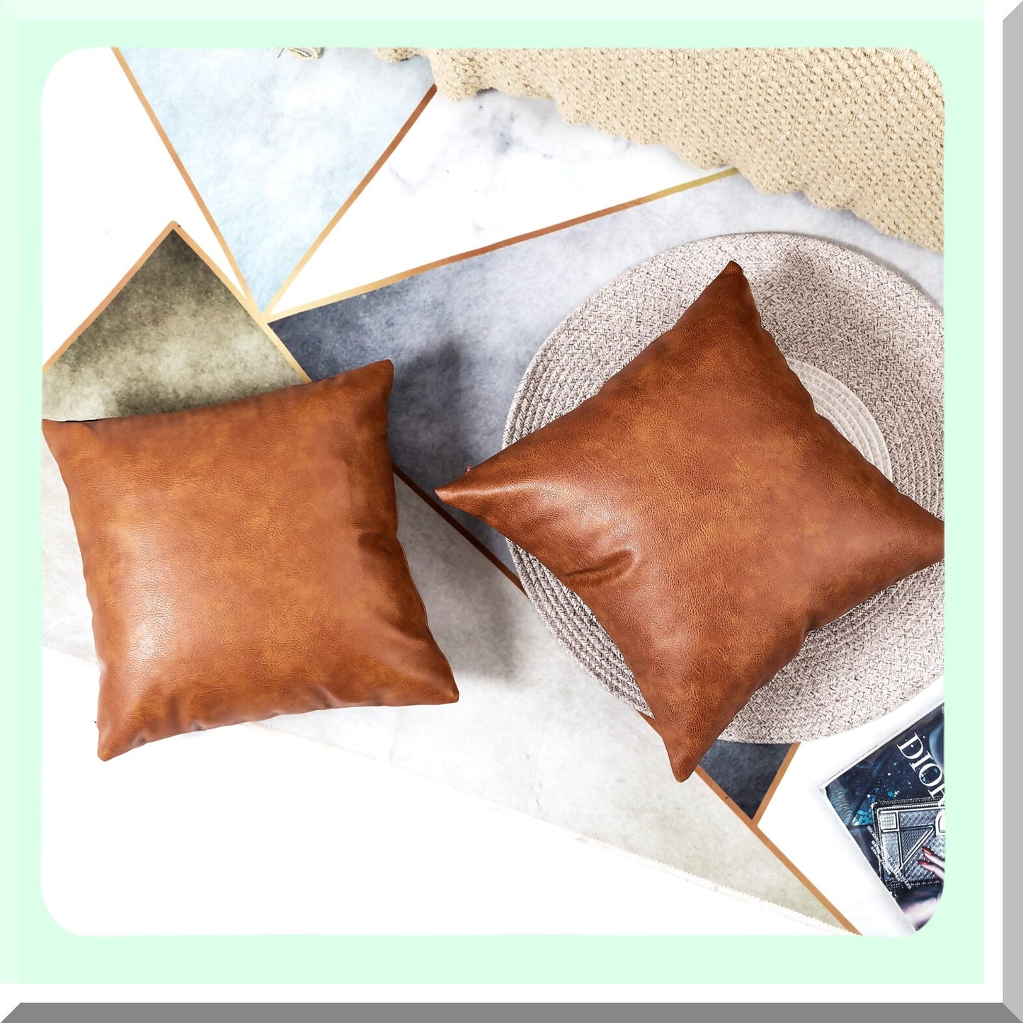 Luxury Leather Pillow Covers - Set of 2 | Modern Decorative Cushion Cases for Farmhouse Sofa Couch Bed Car Outdoor | 24x24 inch Brown Square Pillows