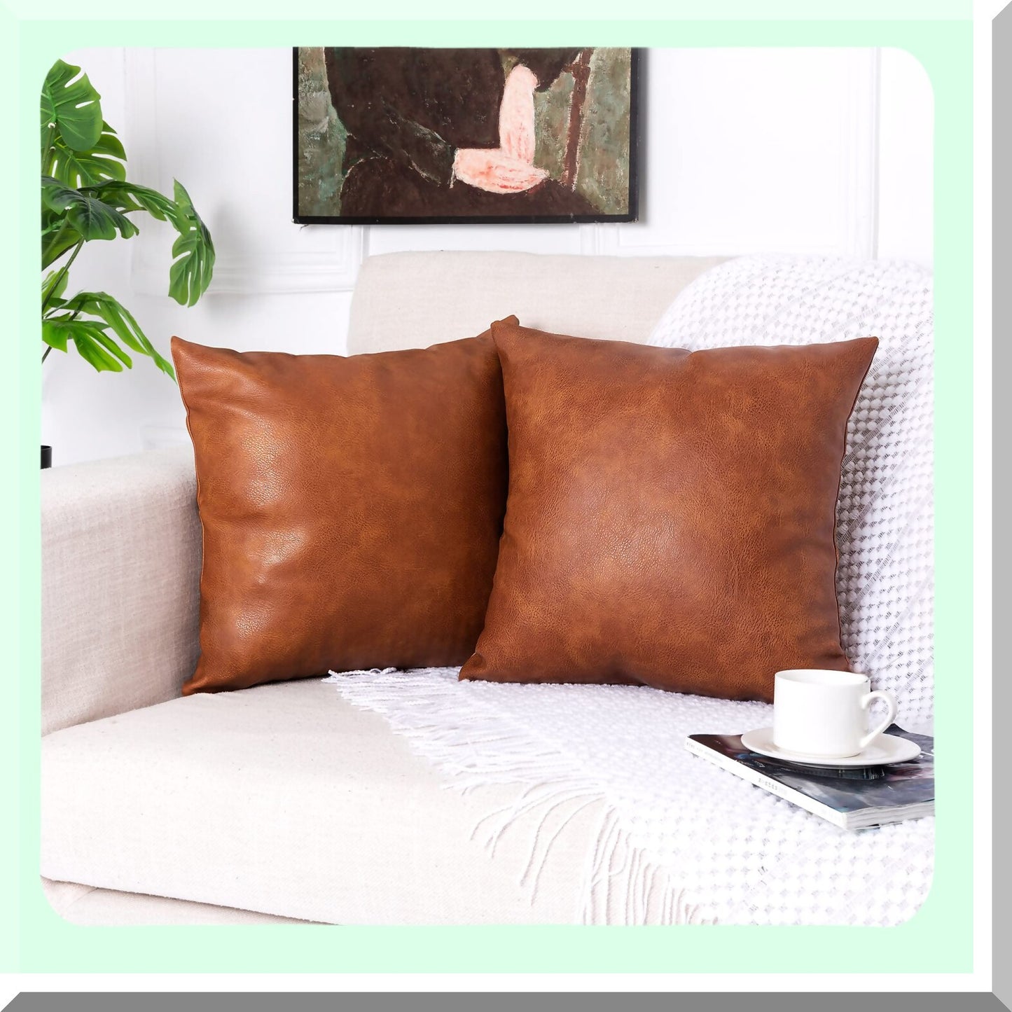 Luxury Leather Pillow Covers - Set of 2 | Modern Decorative Cushion Cases for Farmhouse Sofa Couch Bed Car Outdoor | 24x24 inch Brown Square Pillows