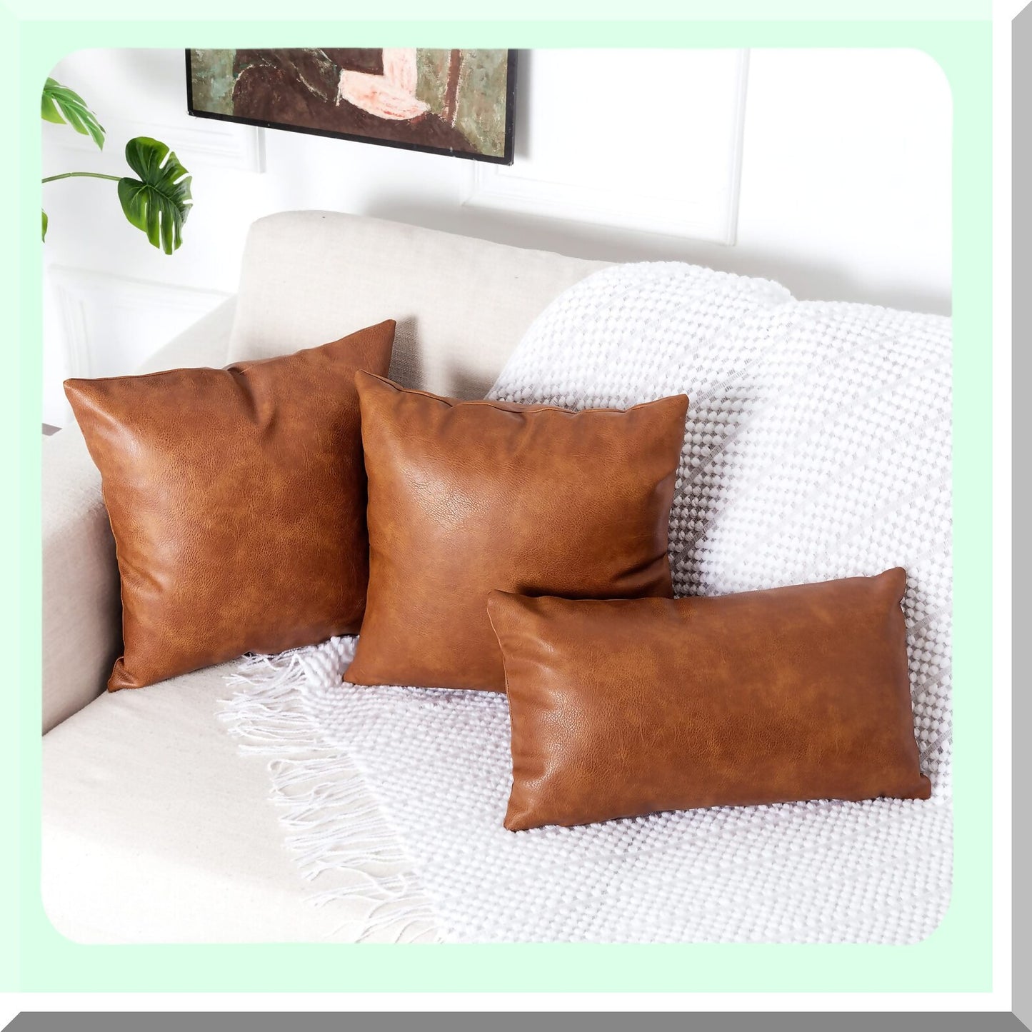 Luxury Leather Pillow Covers - Set of 2 | Modern Decorative Cushion Cases for Farmhouse Sofa Couch Bed Car Outdoor | 24x24 inch Brown Square Pillows