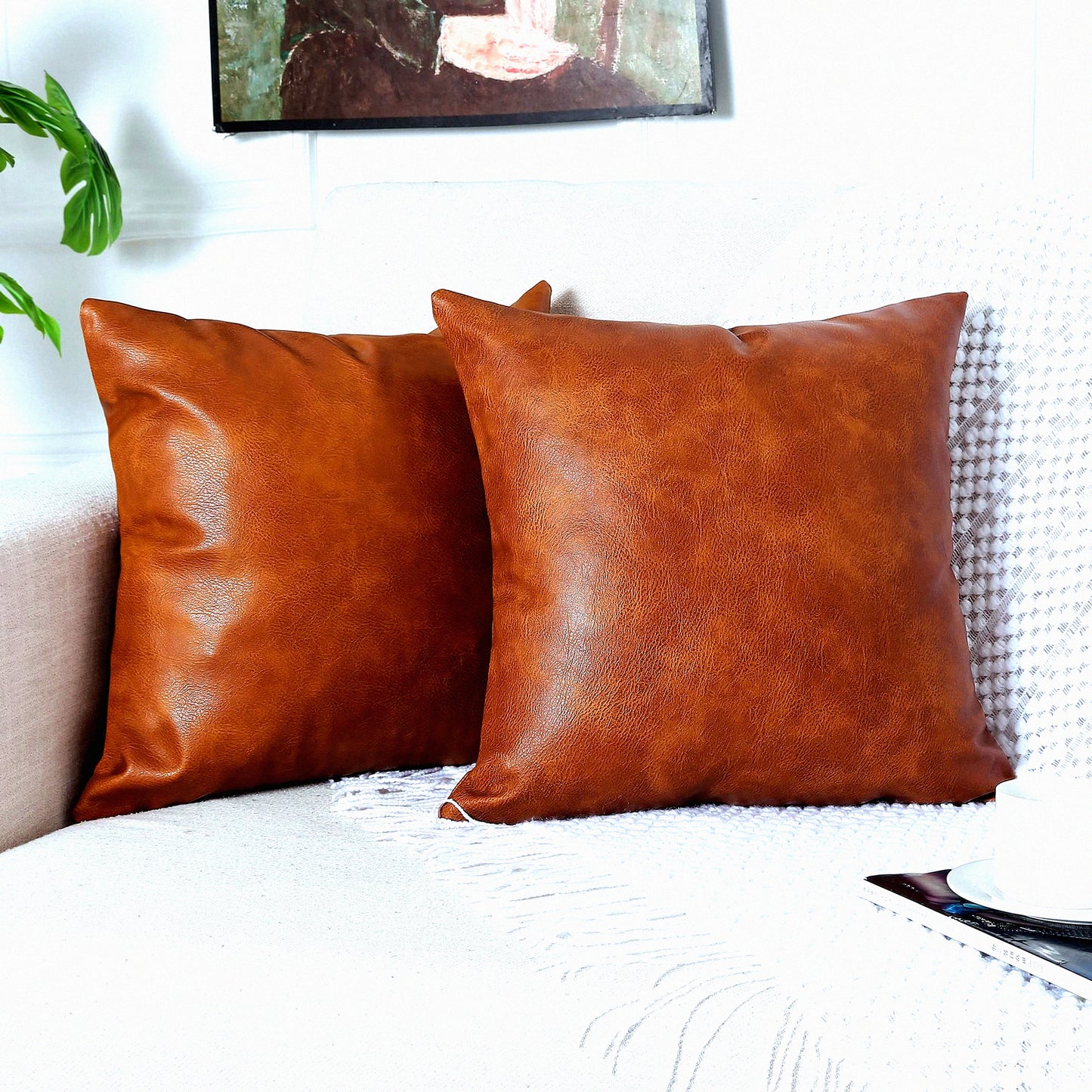Luxury Leather Pillow Covers - Set of 2 | Modern Decorative Cushion Cases for Farmhouse Sofa Couch Bed Car Outdoor | 24x24 inch Brown Square Pillows